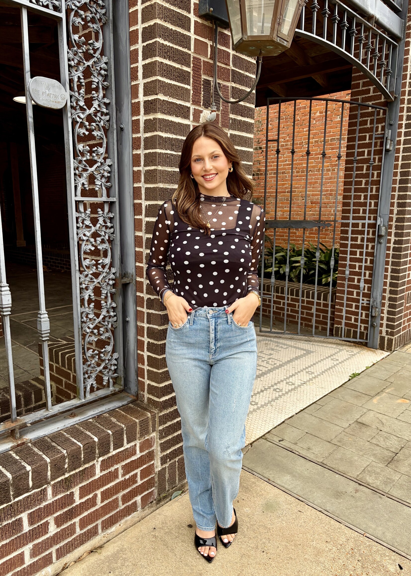 Bloom and Company Black Polka Dot Mesh Long Sleeve Top