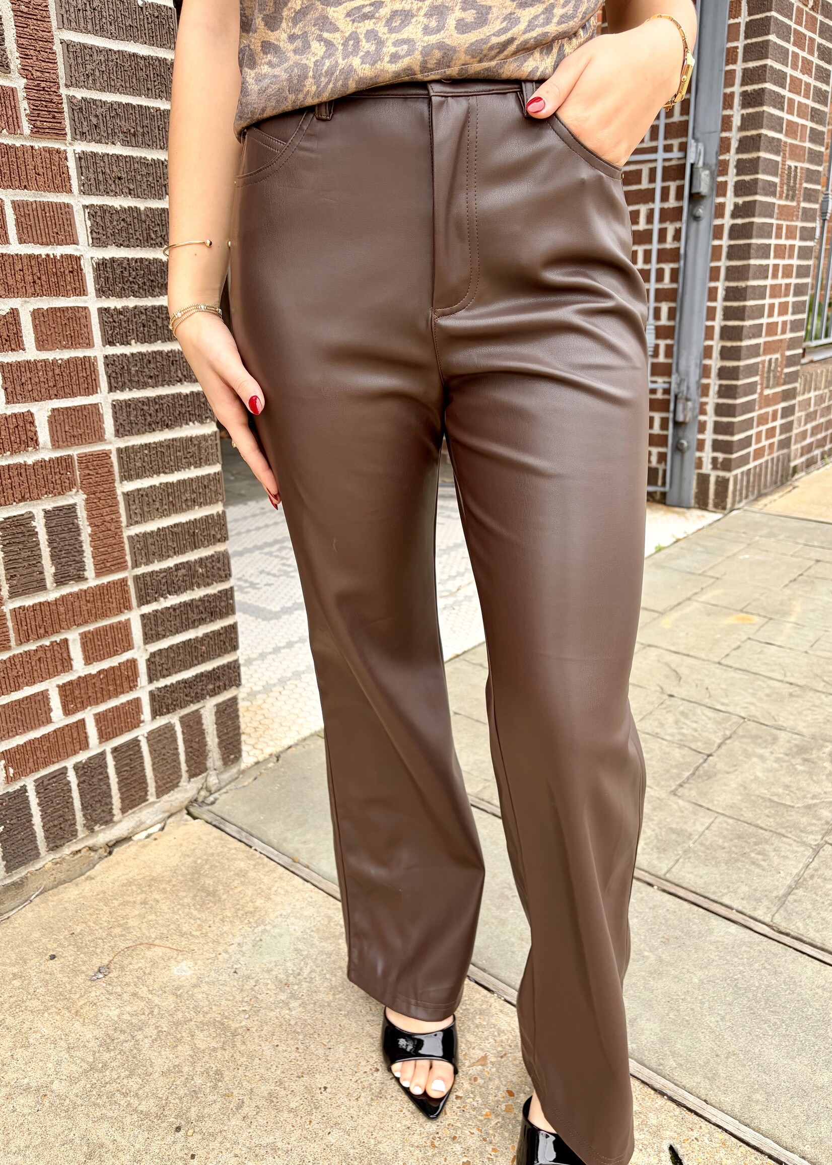 Bloom and Company Faux Leather Straight Pants Chocolate Brown