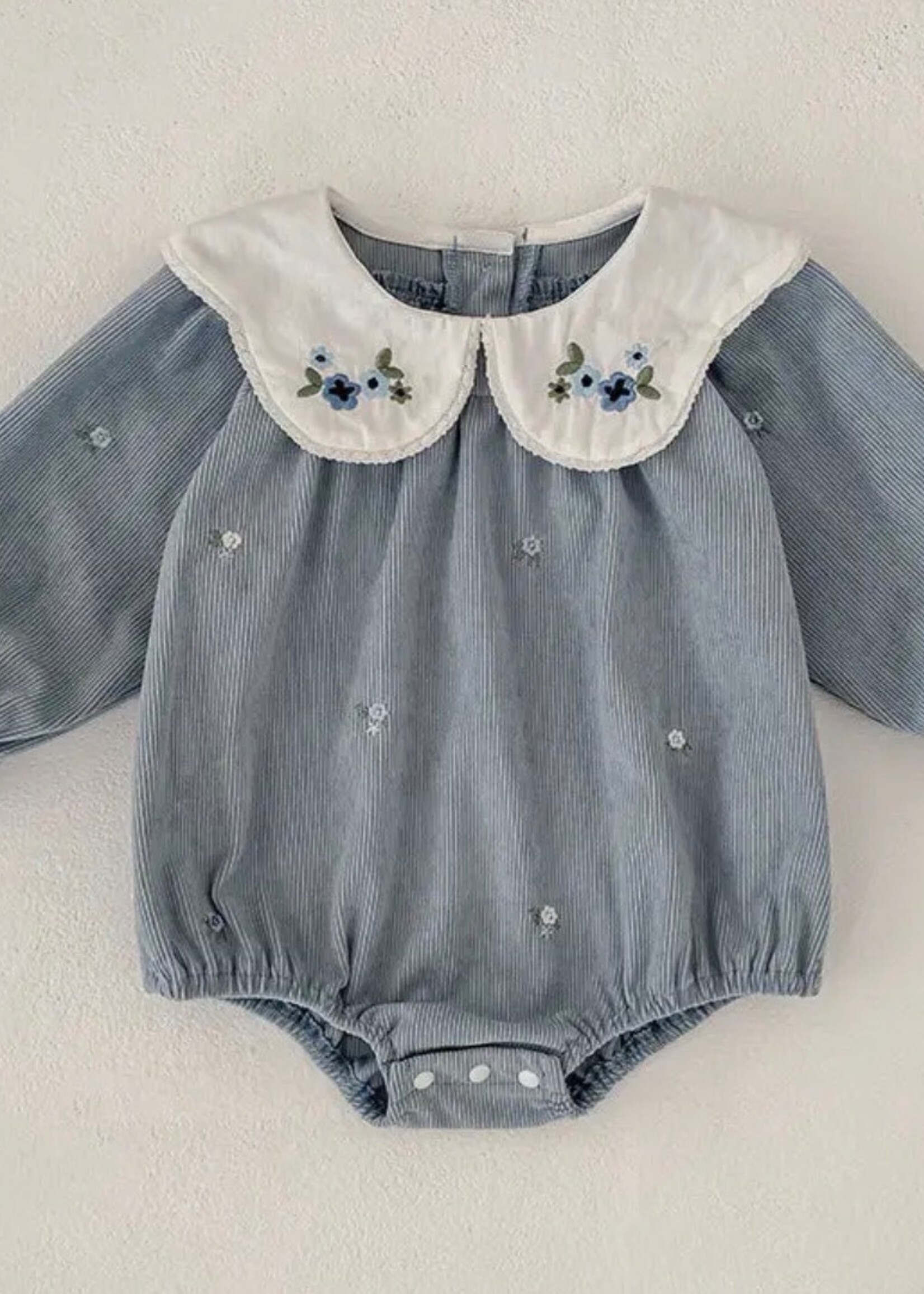 Bloom and Company Girls' Blue Embroidered Long Sleeve Romper