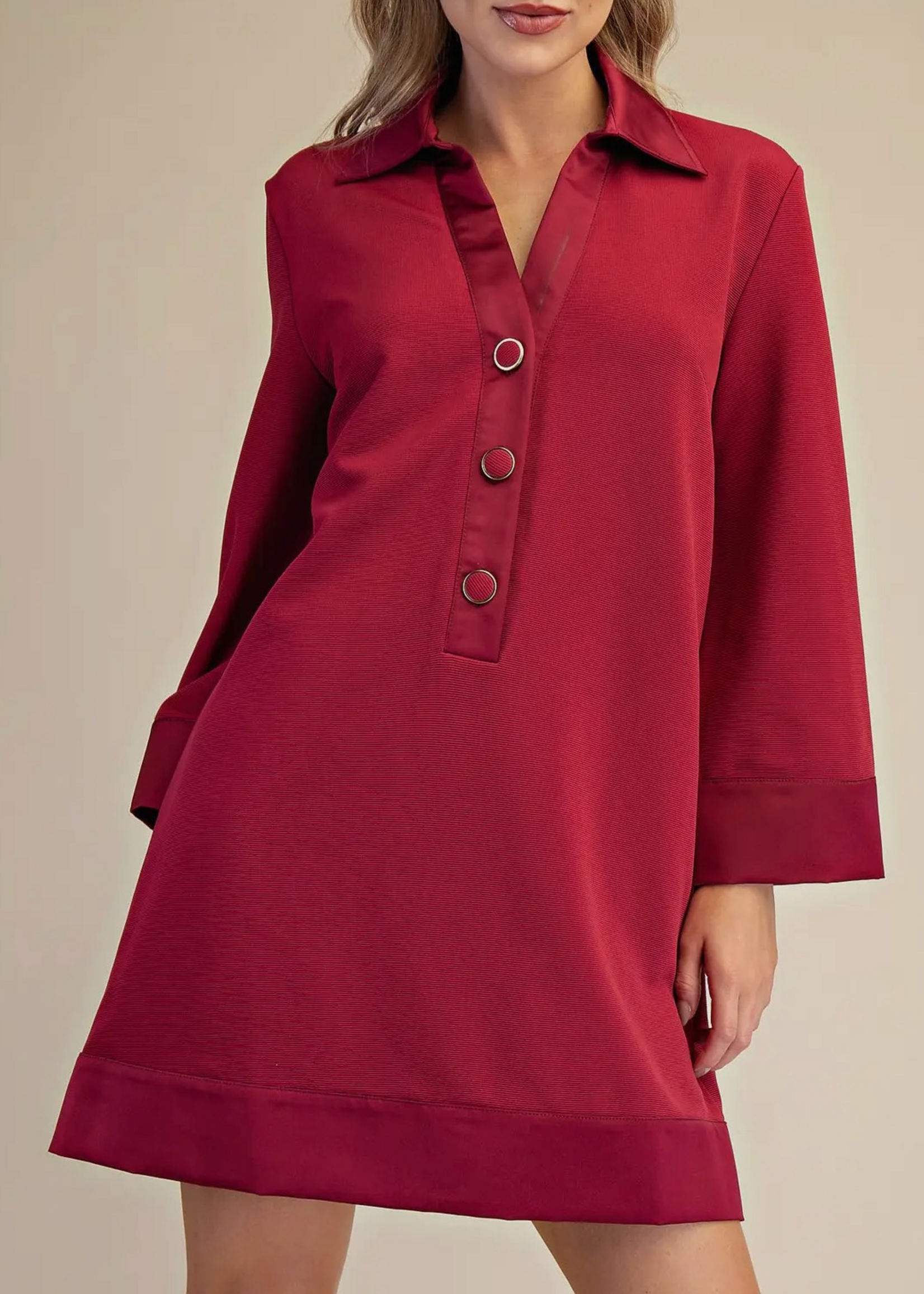 Bloom and Company Long Sleeve Collar Neck Mini Dress Burgundy