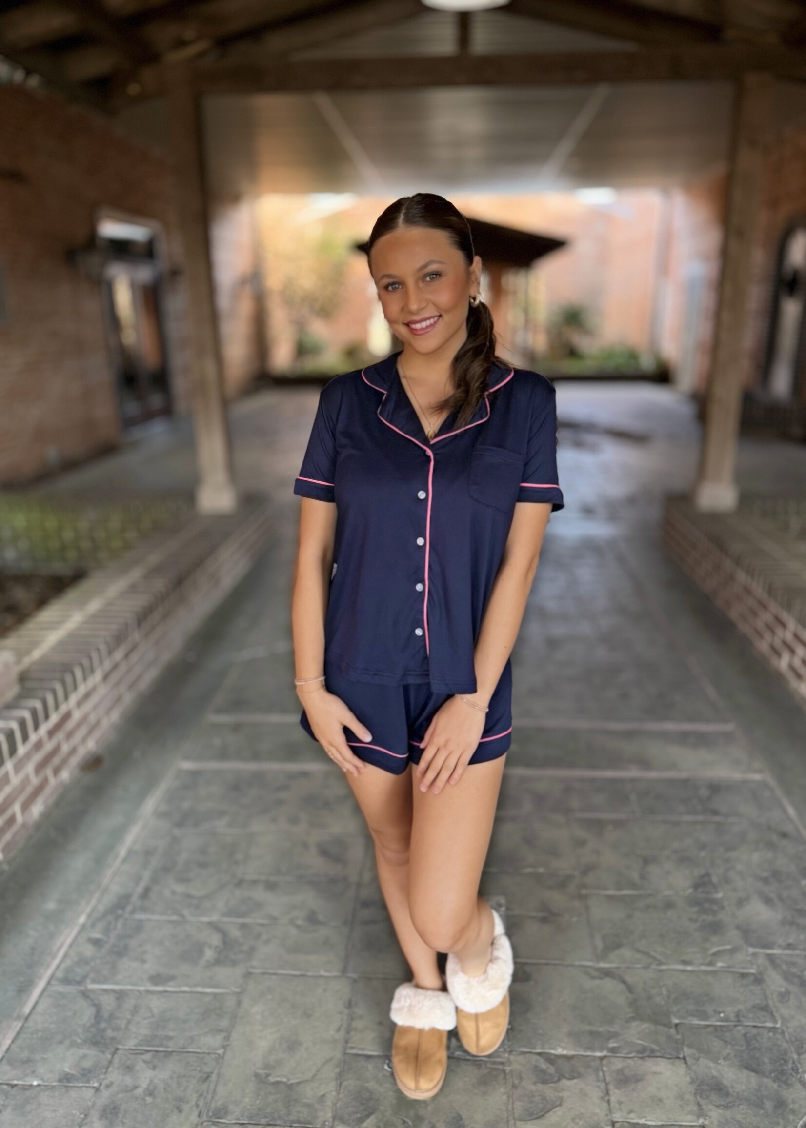 Endless Blu Le Cliche Navy Blue & Pink Short Sleeve Pajamas