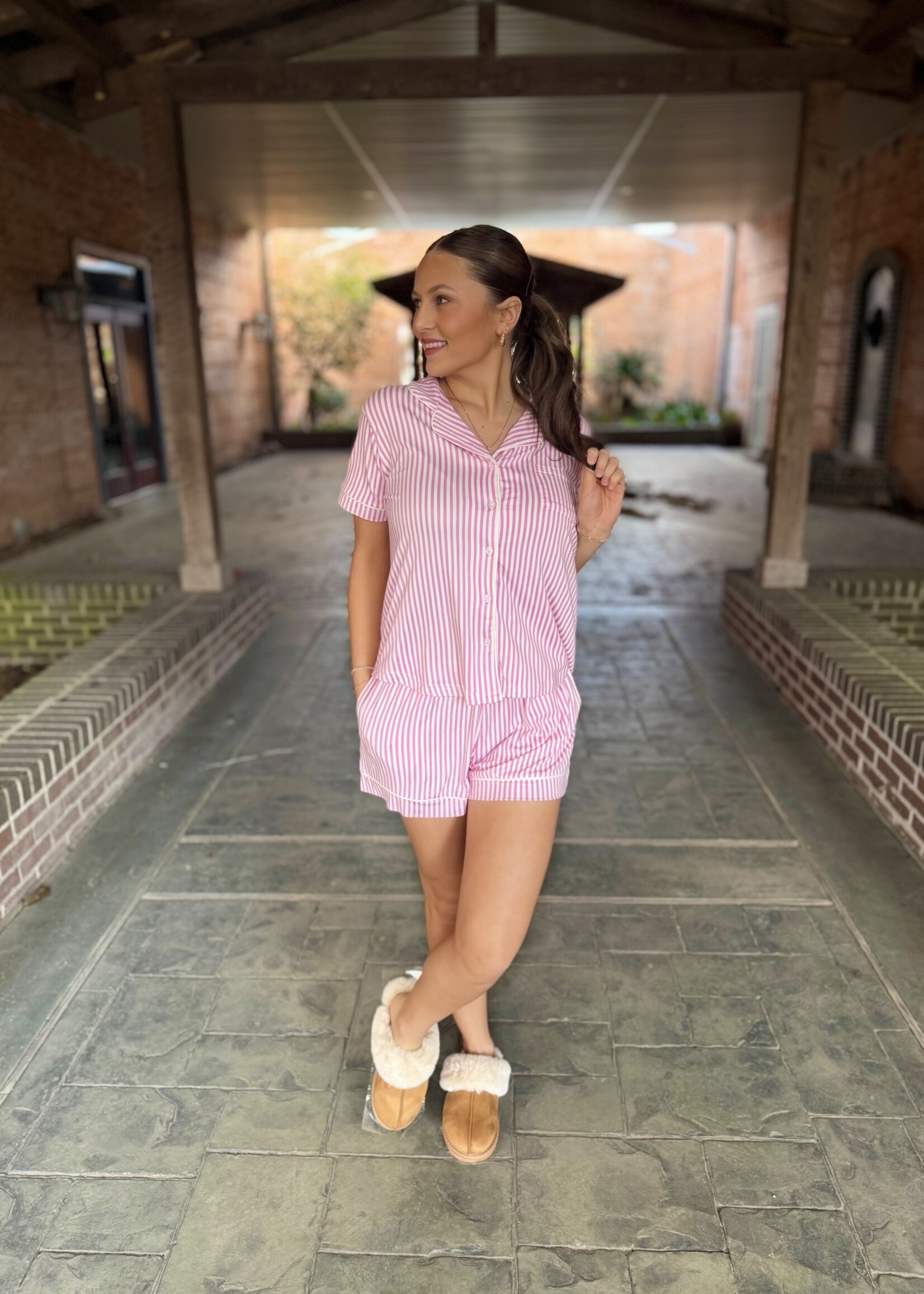 Endless Blu Le Cliche Pink & White Pinstripe Short Sleeve Pajamas