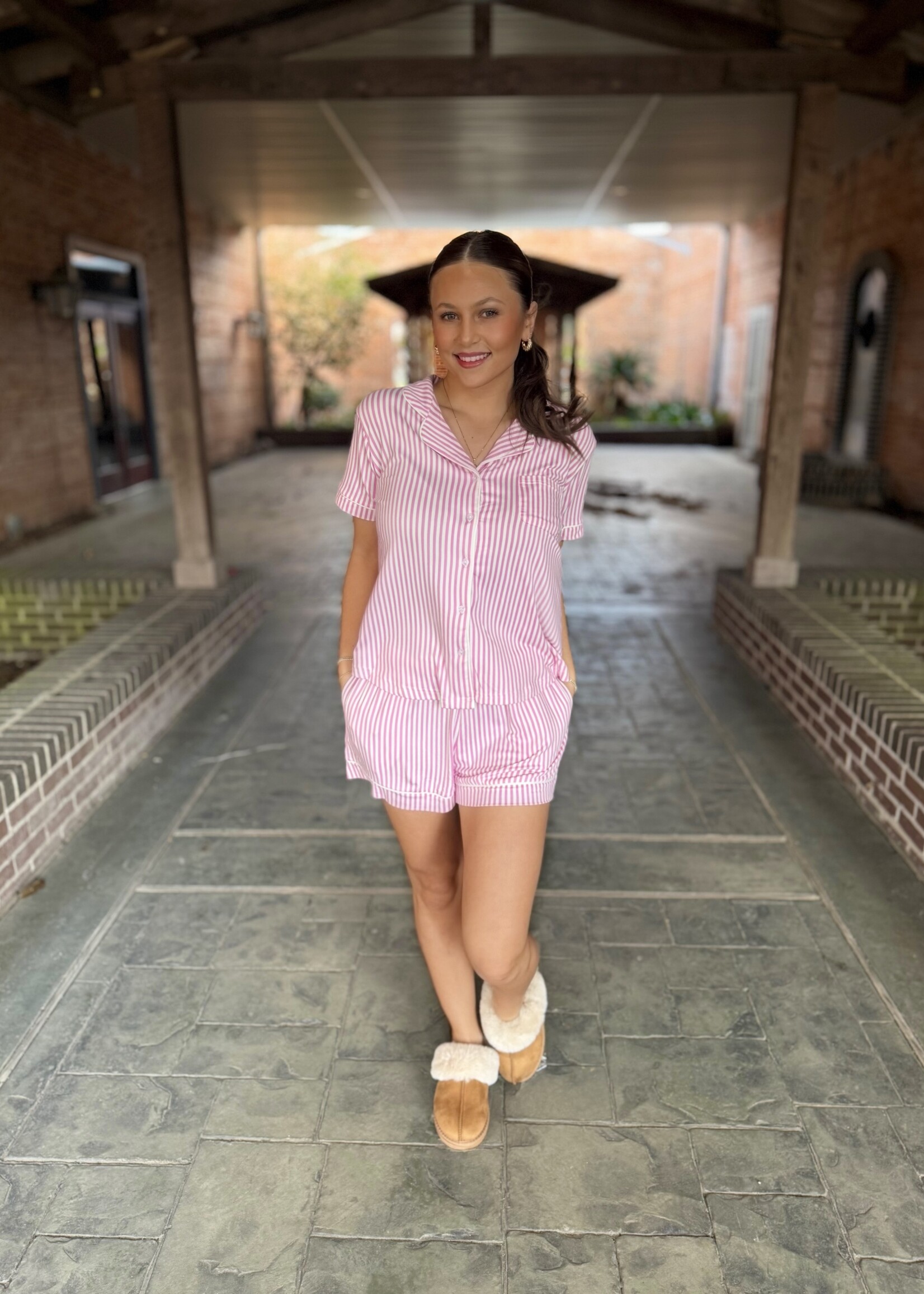 Endless Blu Le Cliche Pink & White Pinstripe Short Sleeve Pajamas