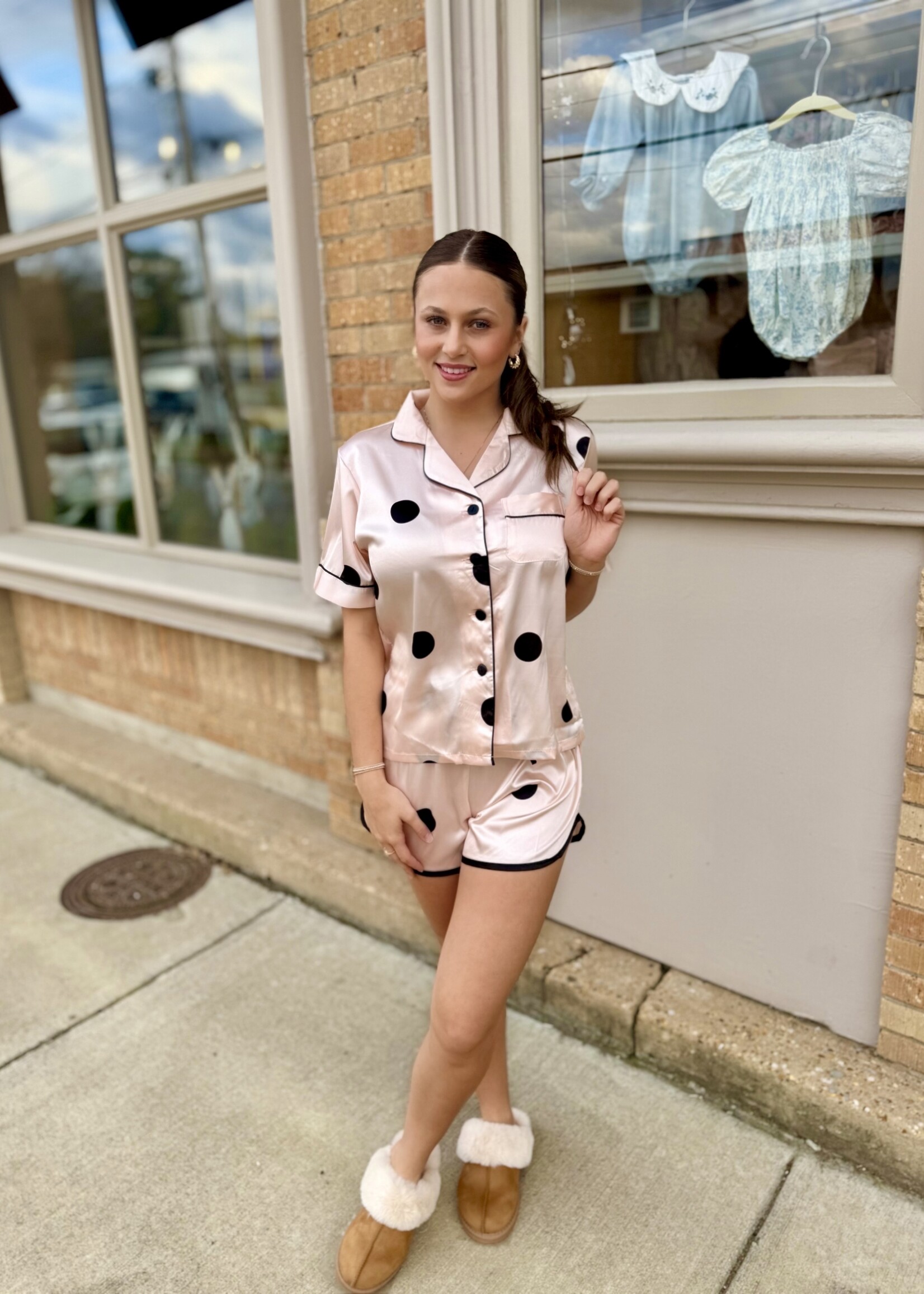 Bloom and Company Pink Black Polka Dot Satin Pajamas