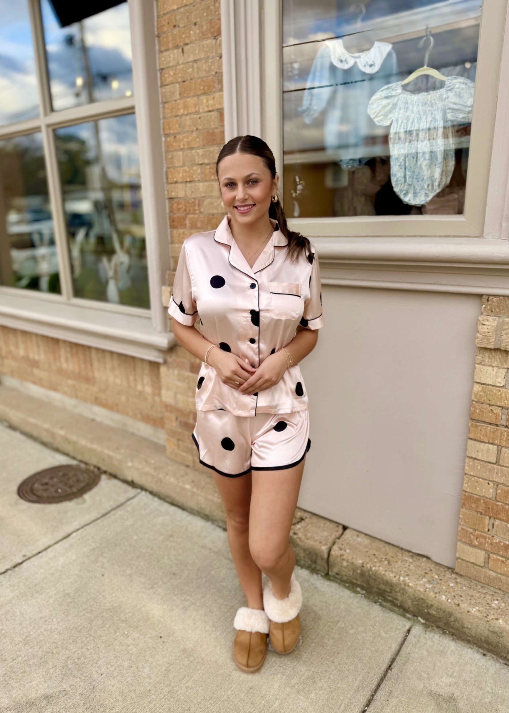 Bloom and Company Pink Black Polka Dot Satin Pajamas