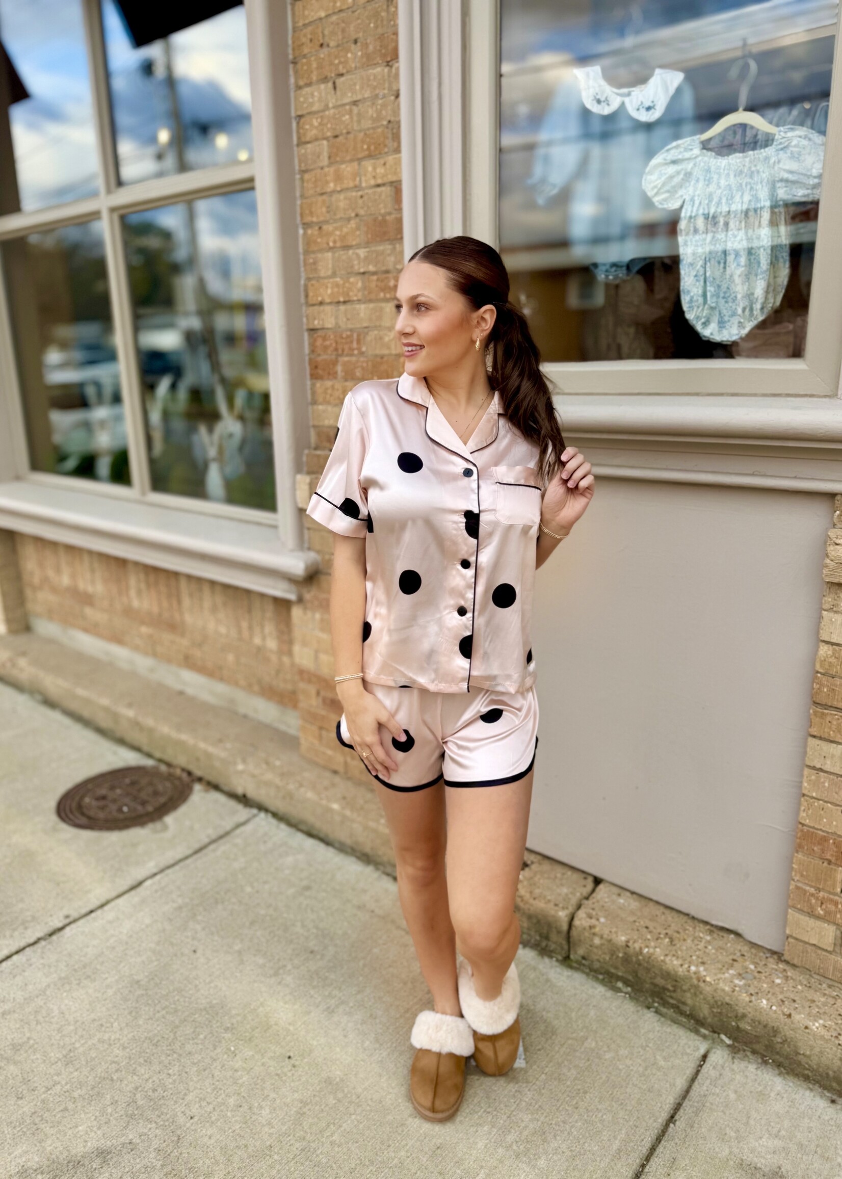 Bloom and Company Pink Black Polka Dot Satin Pajamas