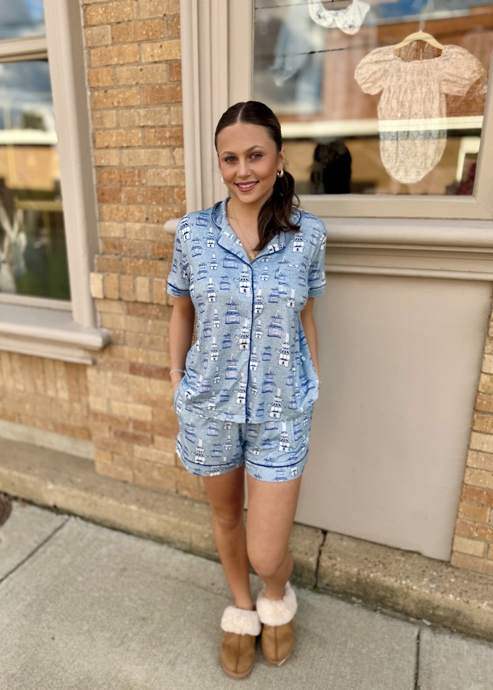 Endless Blu Le Cliche Blue Pagoda Short Sleeve Pajamas