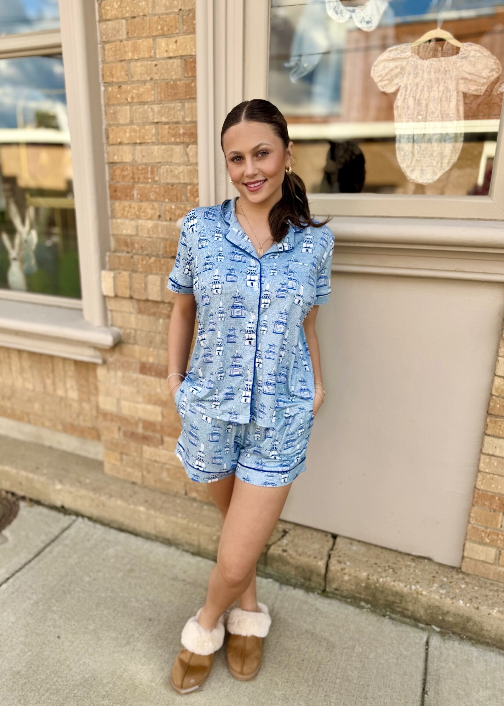 Endless Blu Le Cliche Blue Pagoda Short Sleeve Pajamas