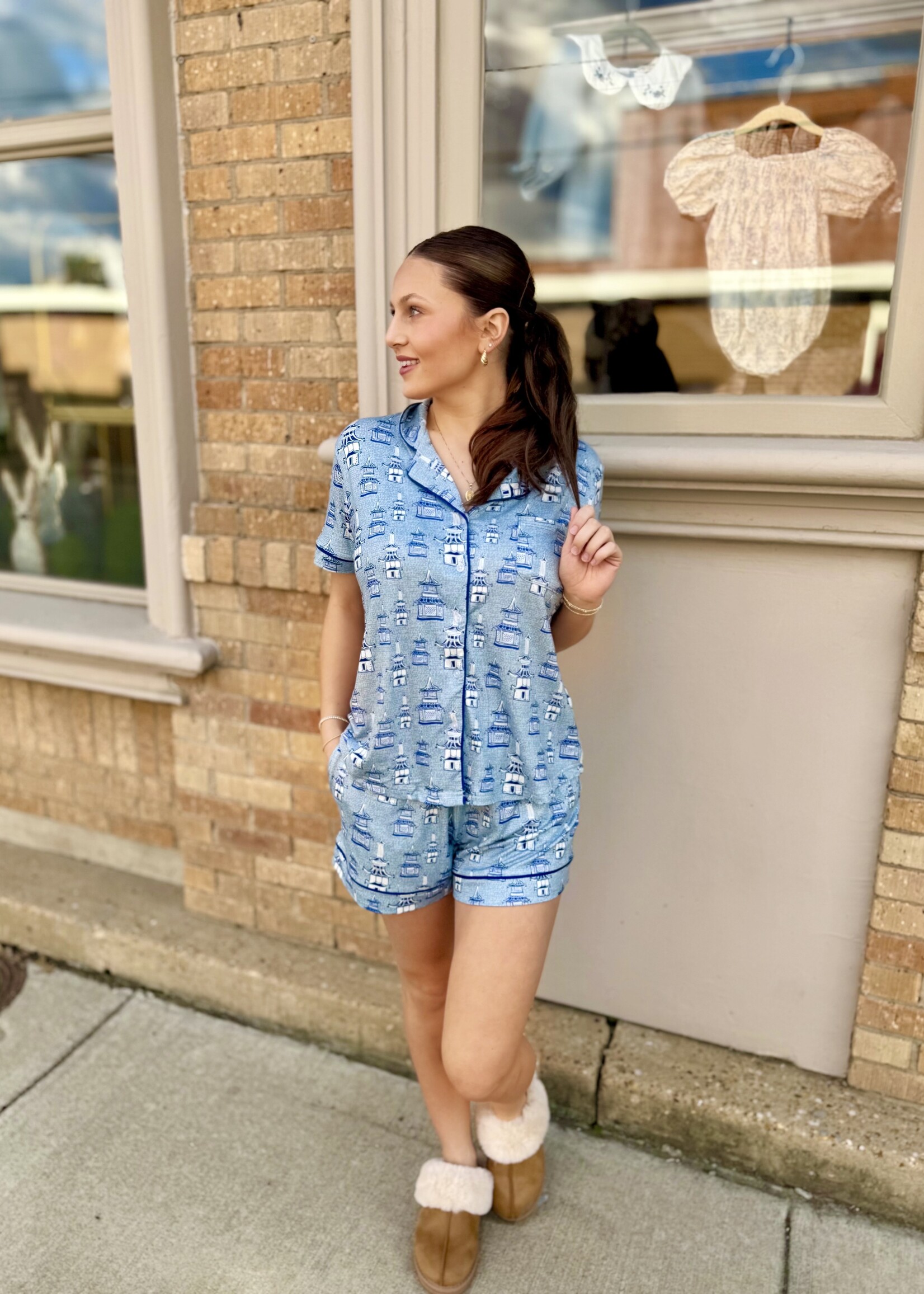 Endless Blu Le Cliche Blue Pagoda Short Sleeve Pajamas