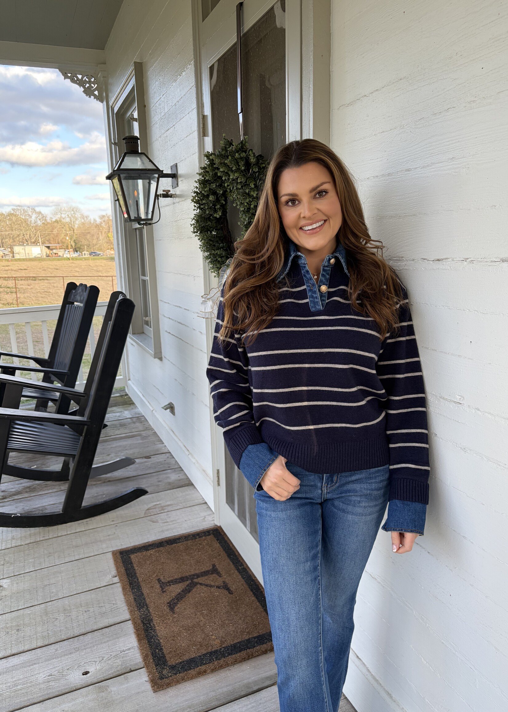 Olivaceous Navy & Grey Striped Denim Knit Top