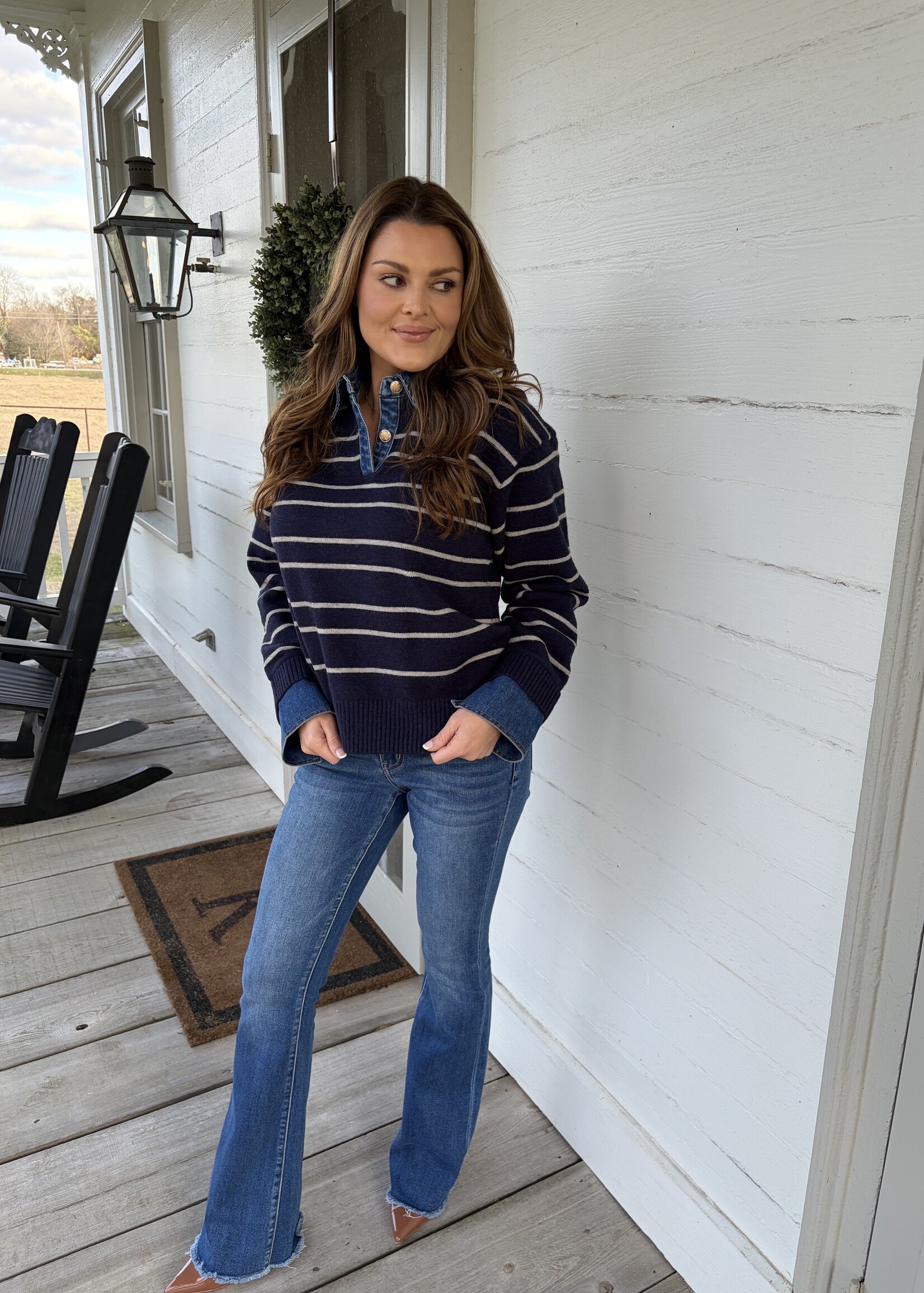 Olivaceous Navy & Grey Striped Denim Knit Top