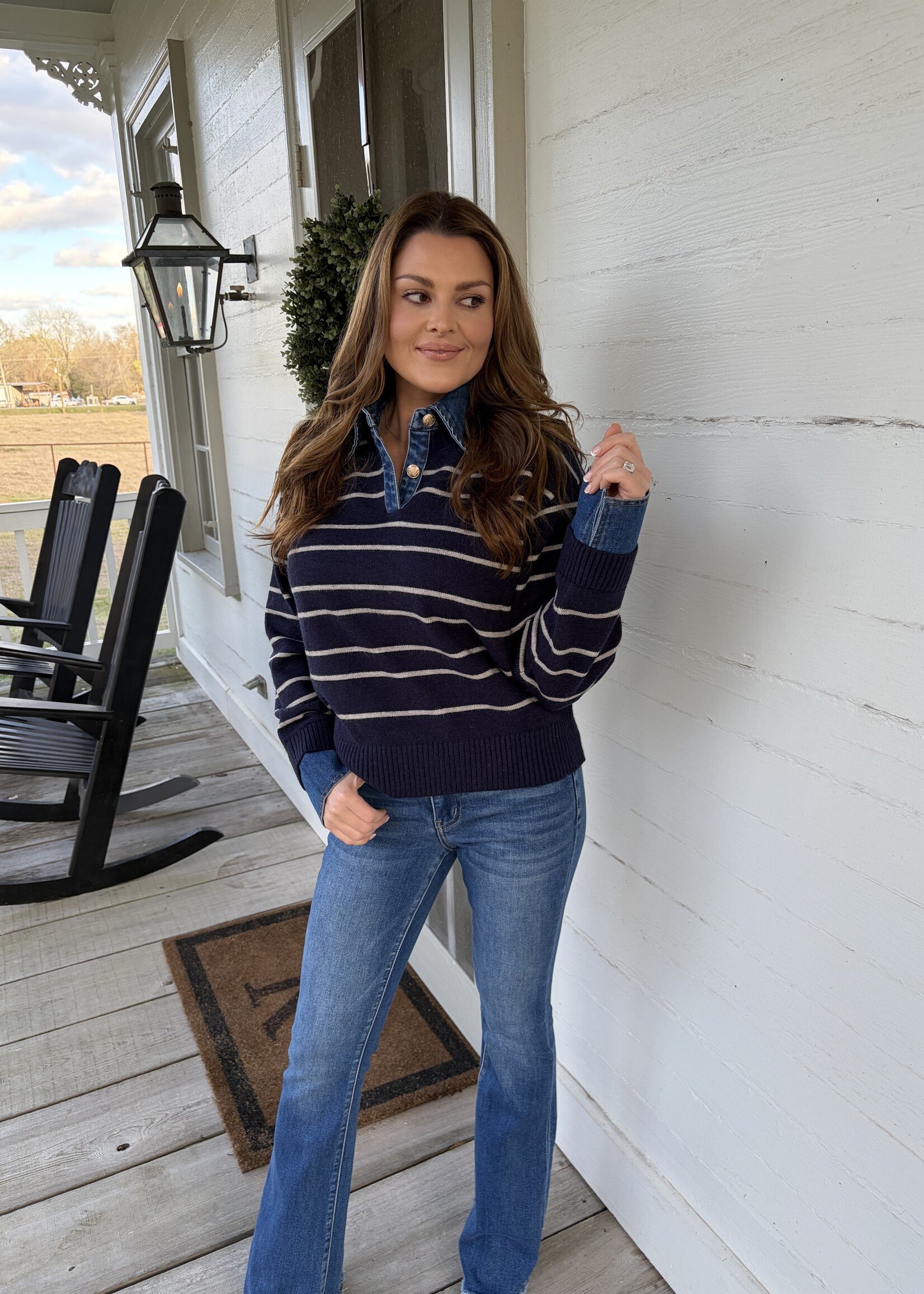 Olivaceous Navy & Grey Striped Denim Knit Top
