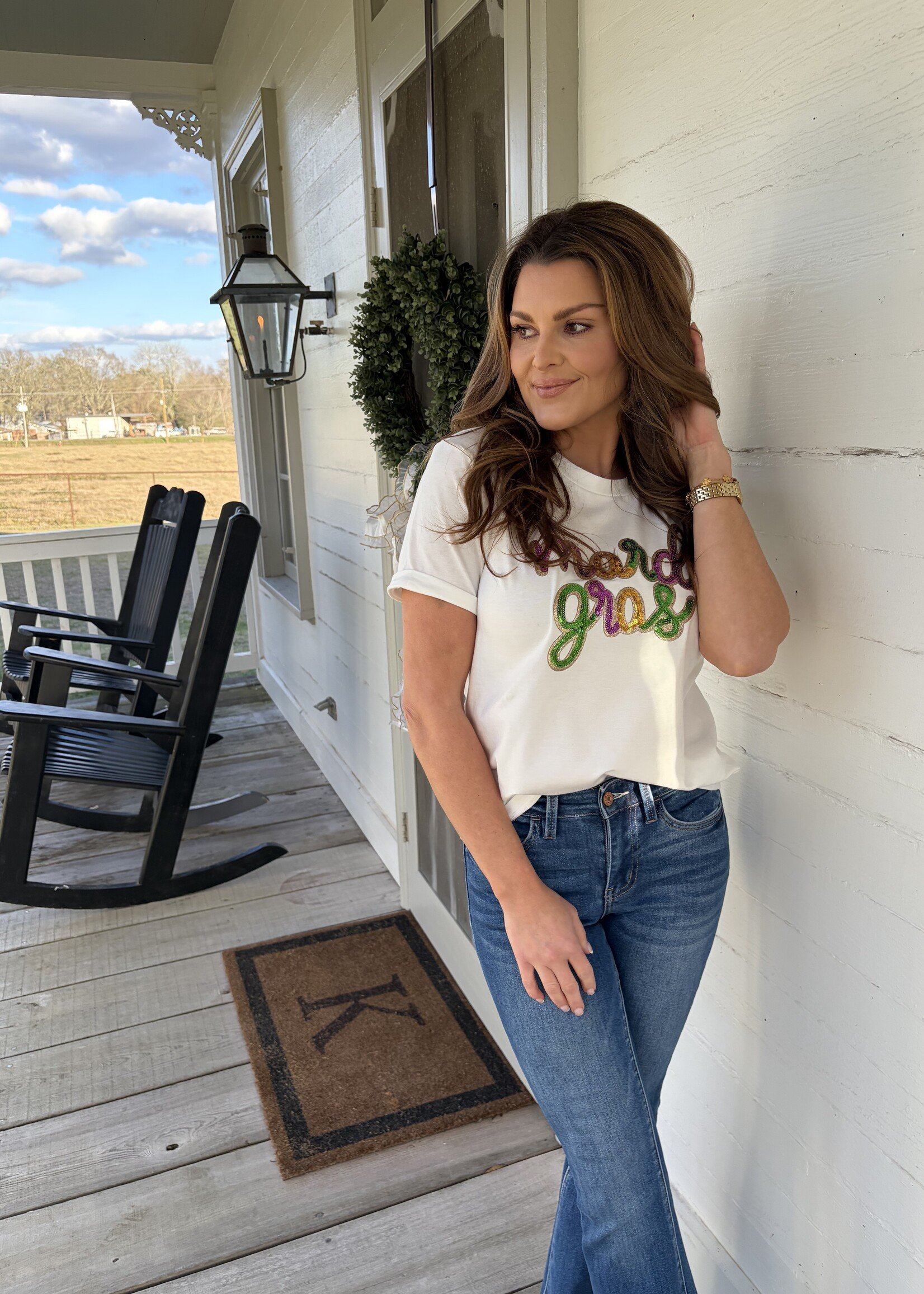 1 the Woman White Sequin Mardi Gras Letter Tee