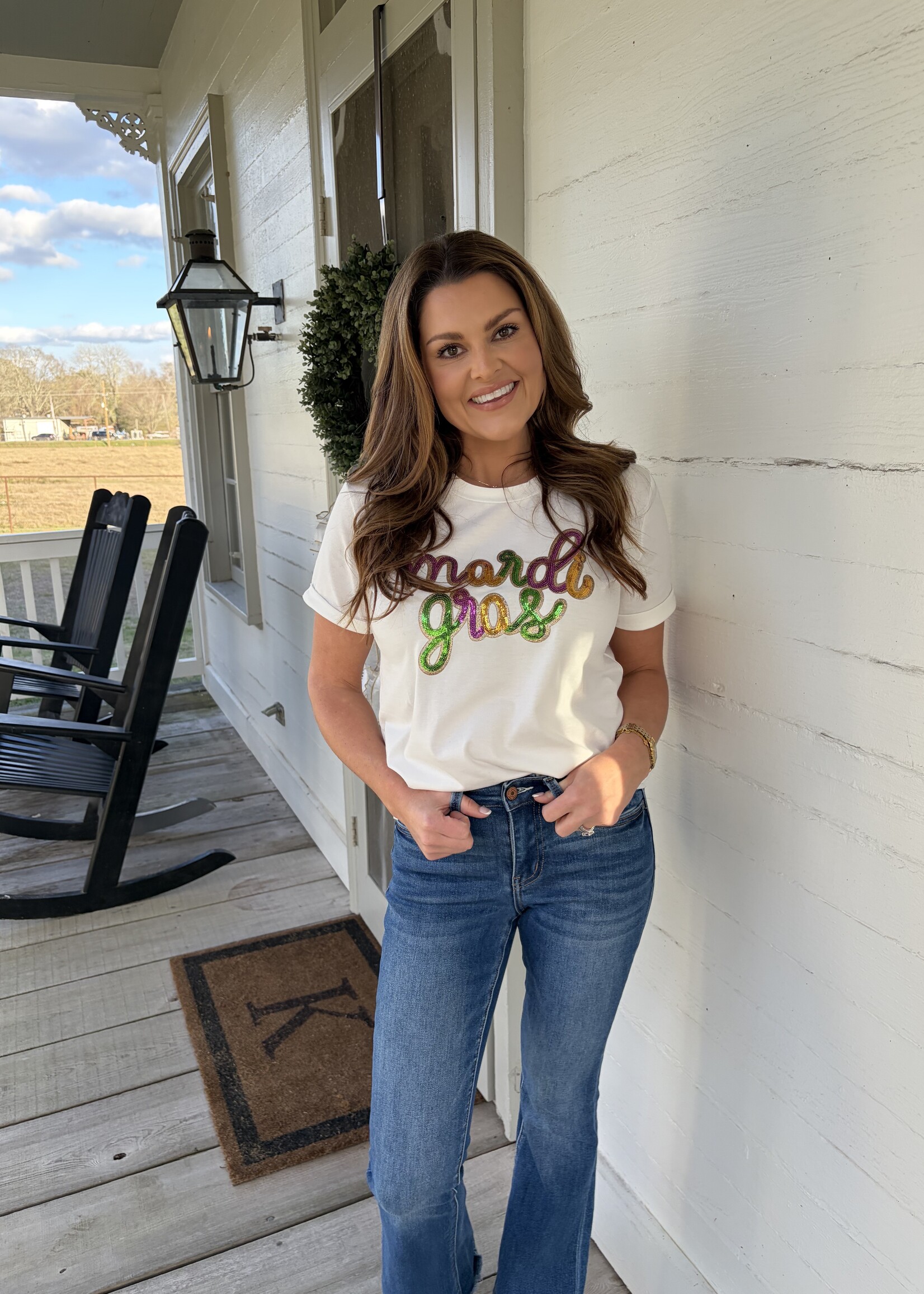 1 the Woman White Sequin Mardi Gras Letter Tee