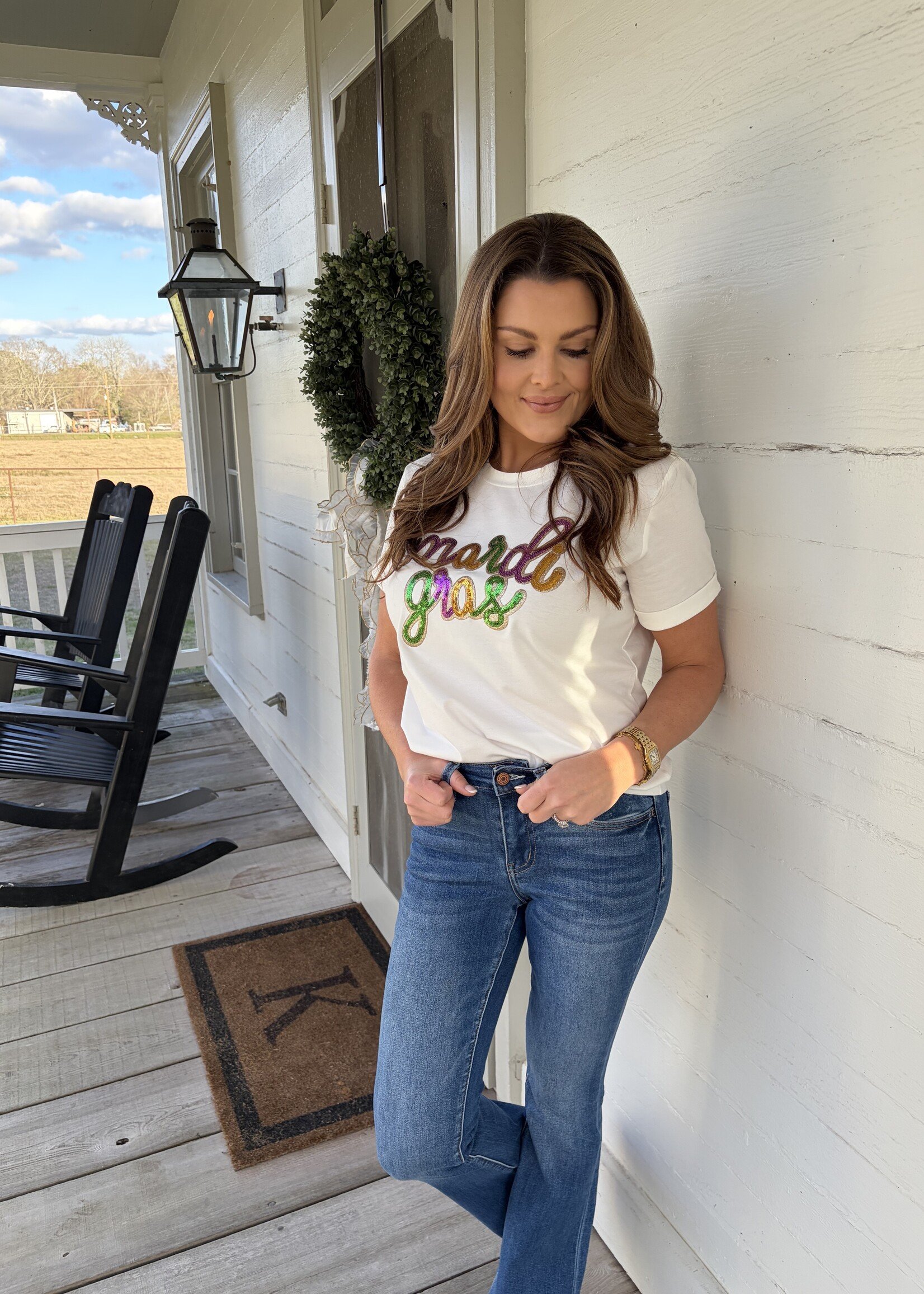 1 the Woman White Sequin Mardi Gras Letter Tee