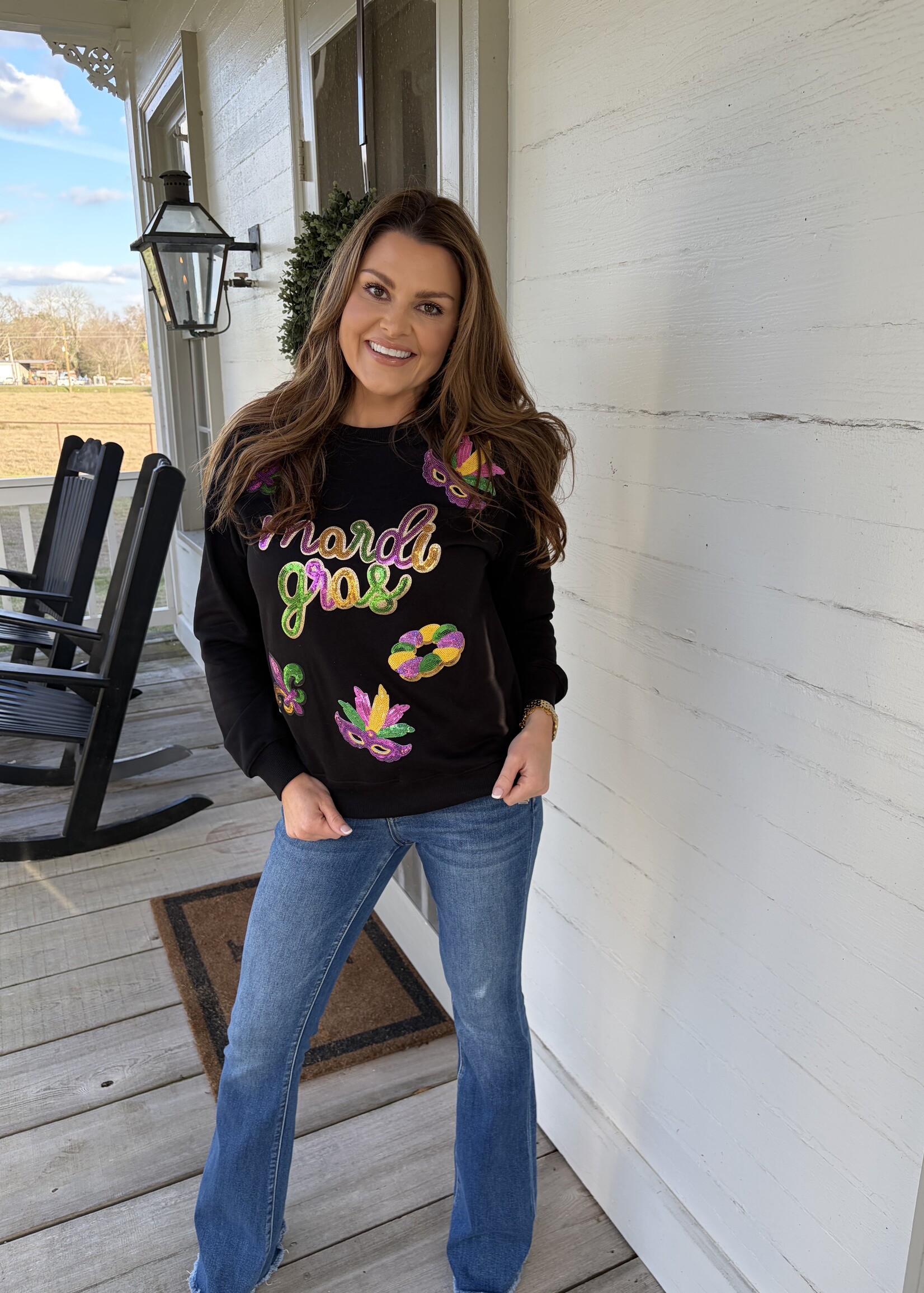 1 the Woman Black Sequin Mardi Gras Fleur de Lis Pullover Sweatshirt