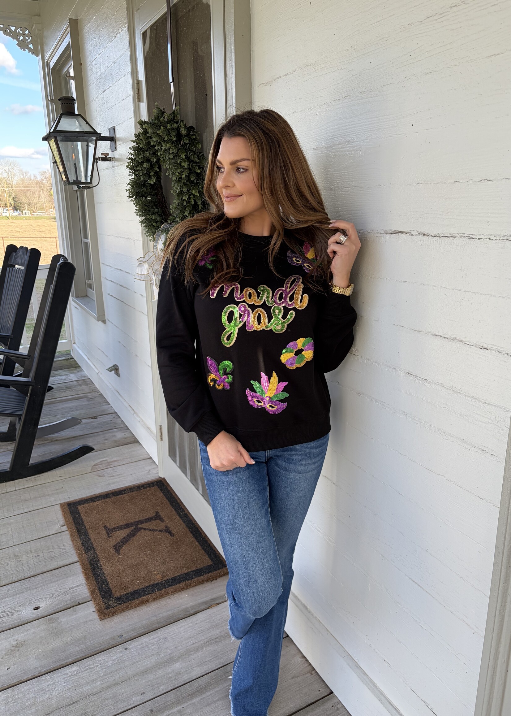 1 the Woman Black Sequin Mardi Gras Fleur de Lis Pullover Sweatshirt