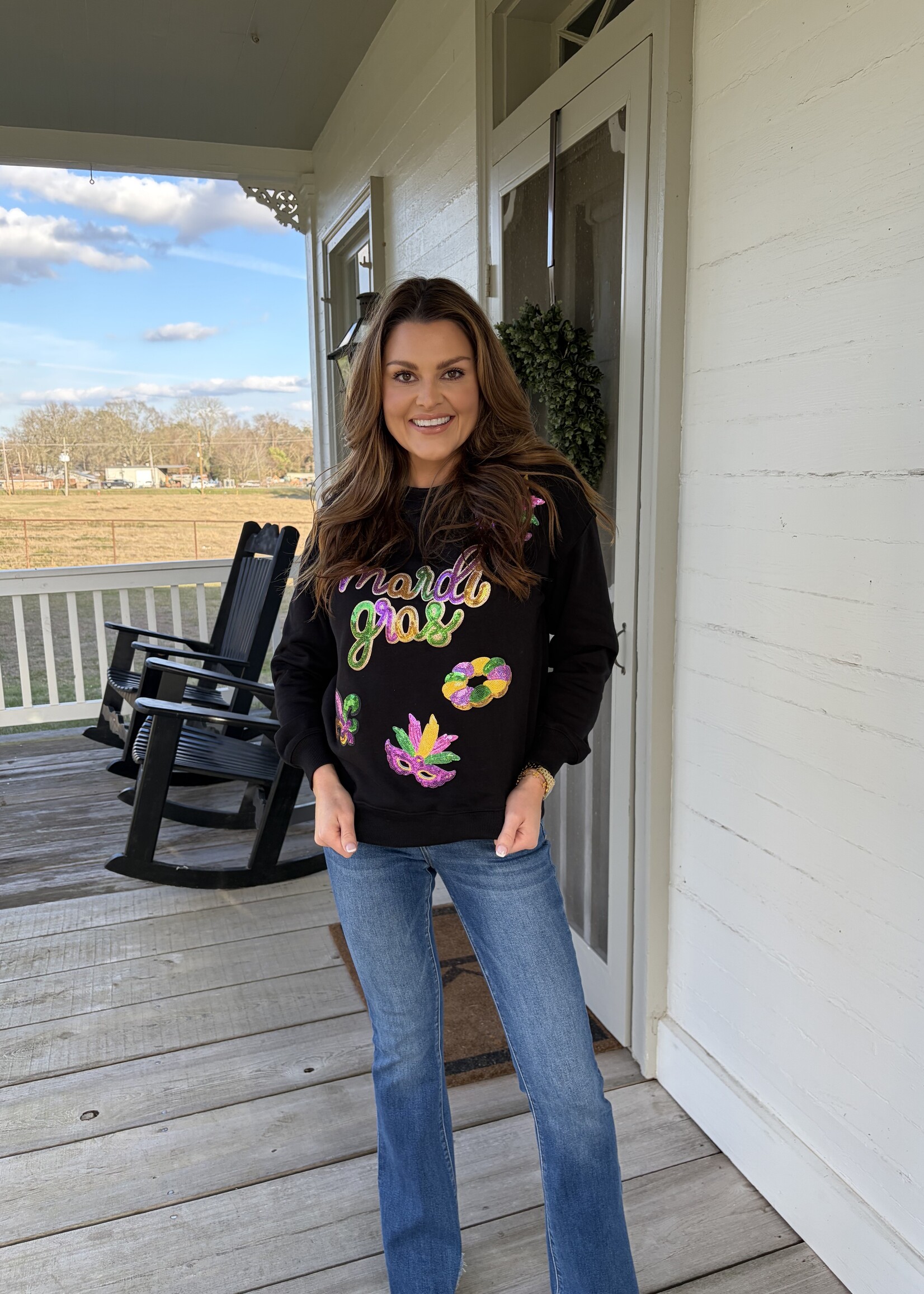 1 the Woman Black Sequin Mardi Gras Fleur de Lis Pullover Sweatshirt