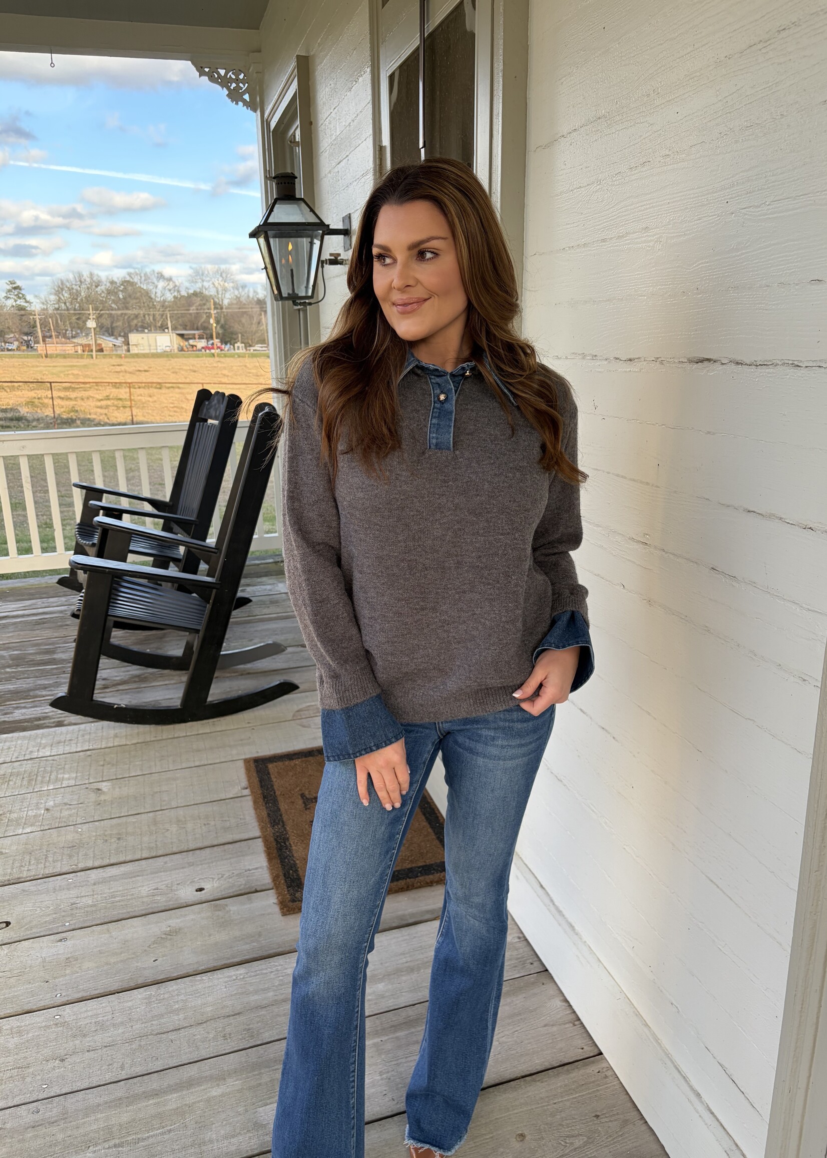 Endless Blu Le Cliche Gray Denim Collar Knit Top