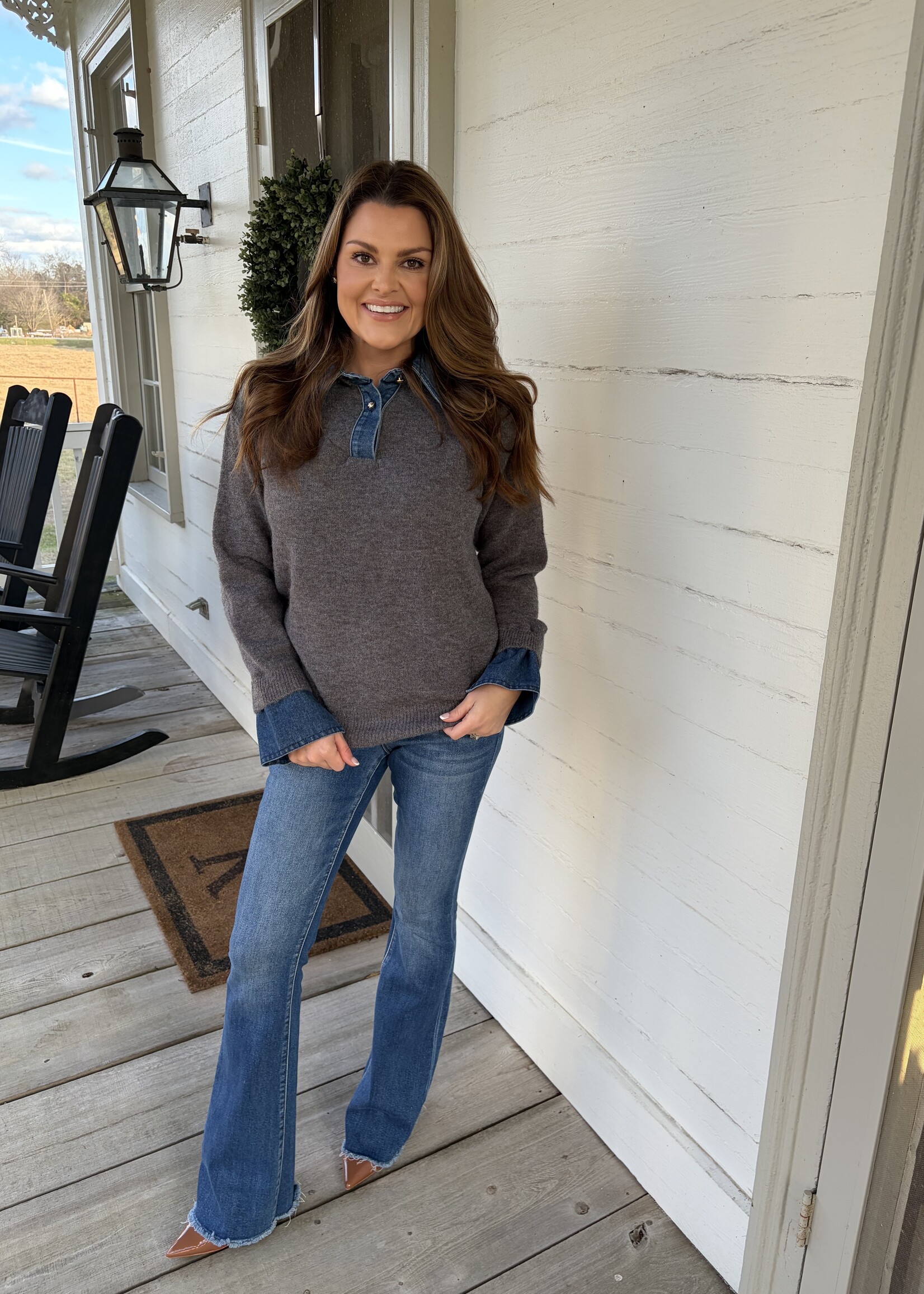 Endless Blu Le Cliche Gray Denim Collar Knit Top