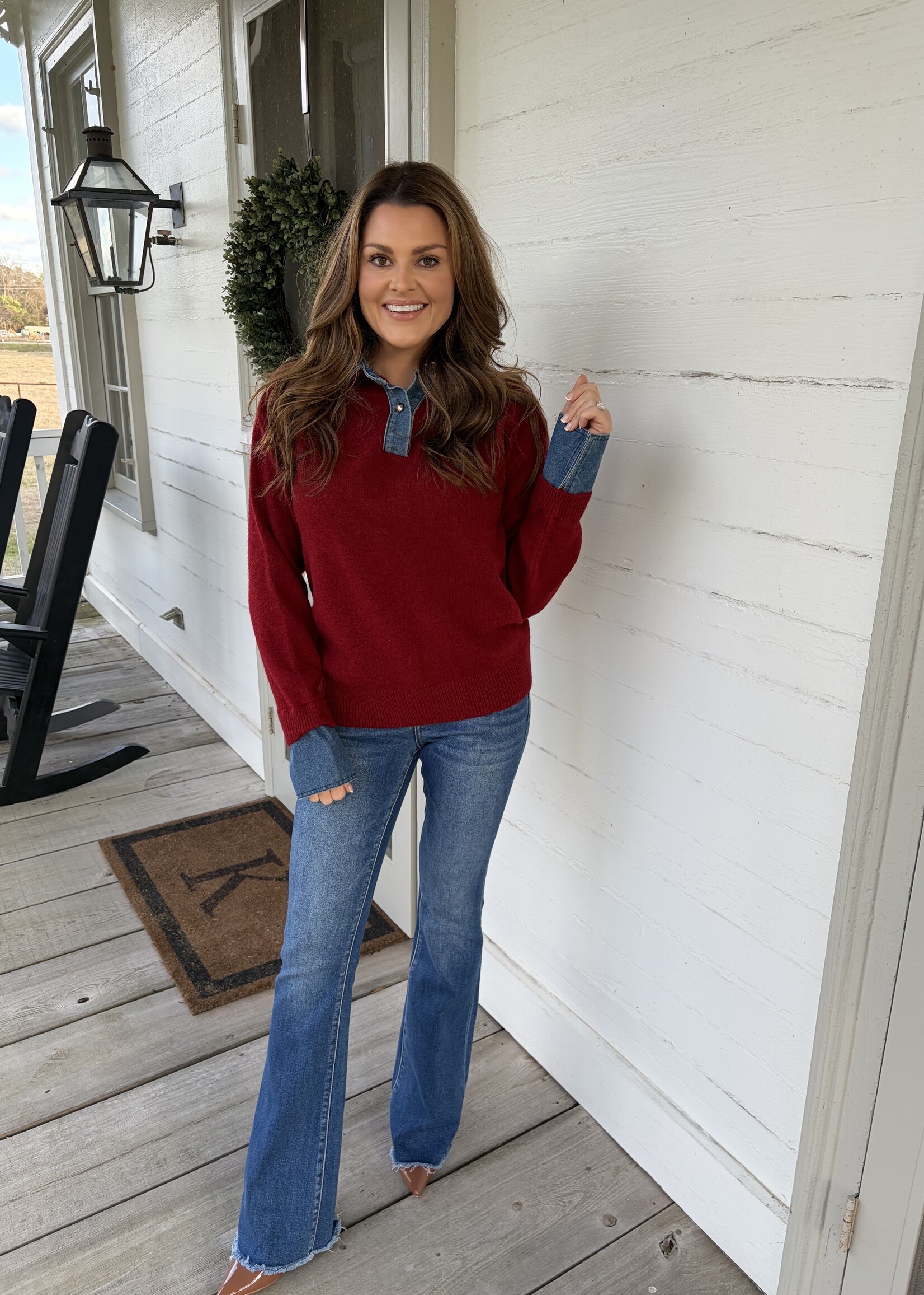 Endless Blu Le Cliche Burgundy Denim Collar Knit Top