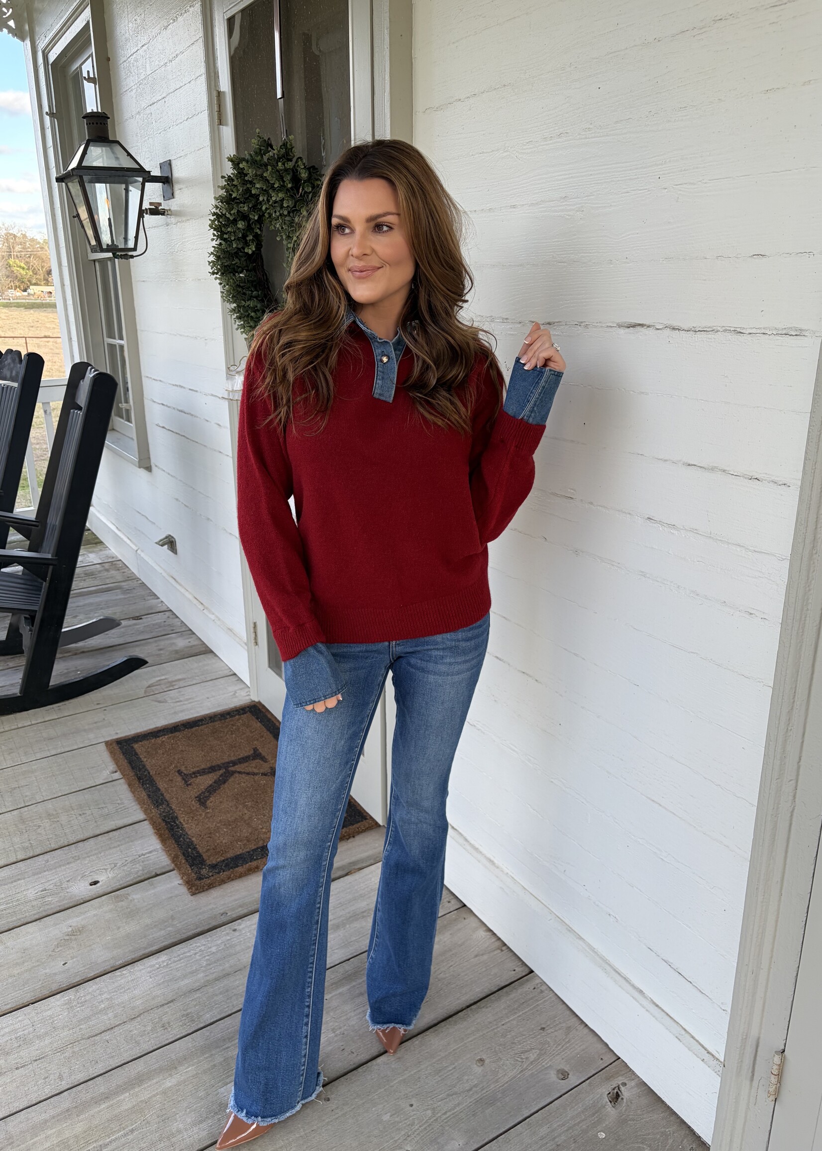 Endless Blu Le Cliche Burgundy Denim Collar Knit Top