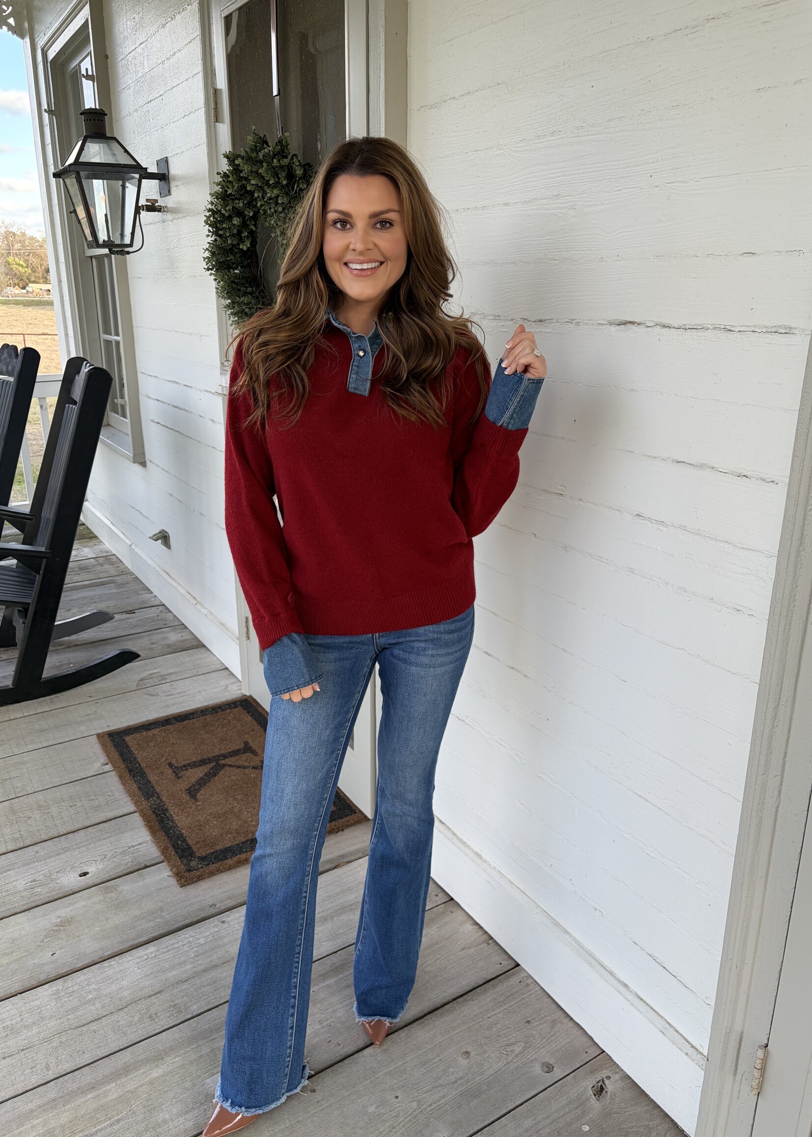 Endless Blu Le Cliche Burgundy Denim Collar Knit Top