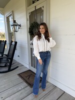 Endless Blu Le Cliche White Black Trim Scalloped Long Sleeve Button Top