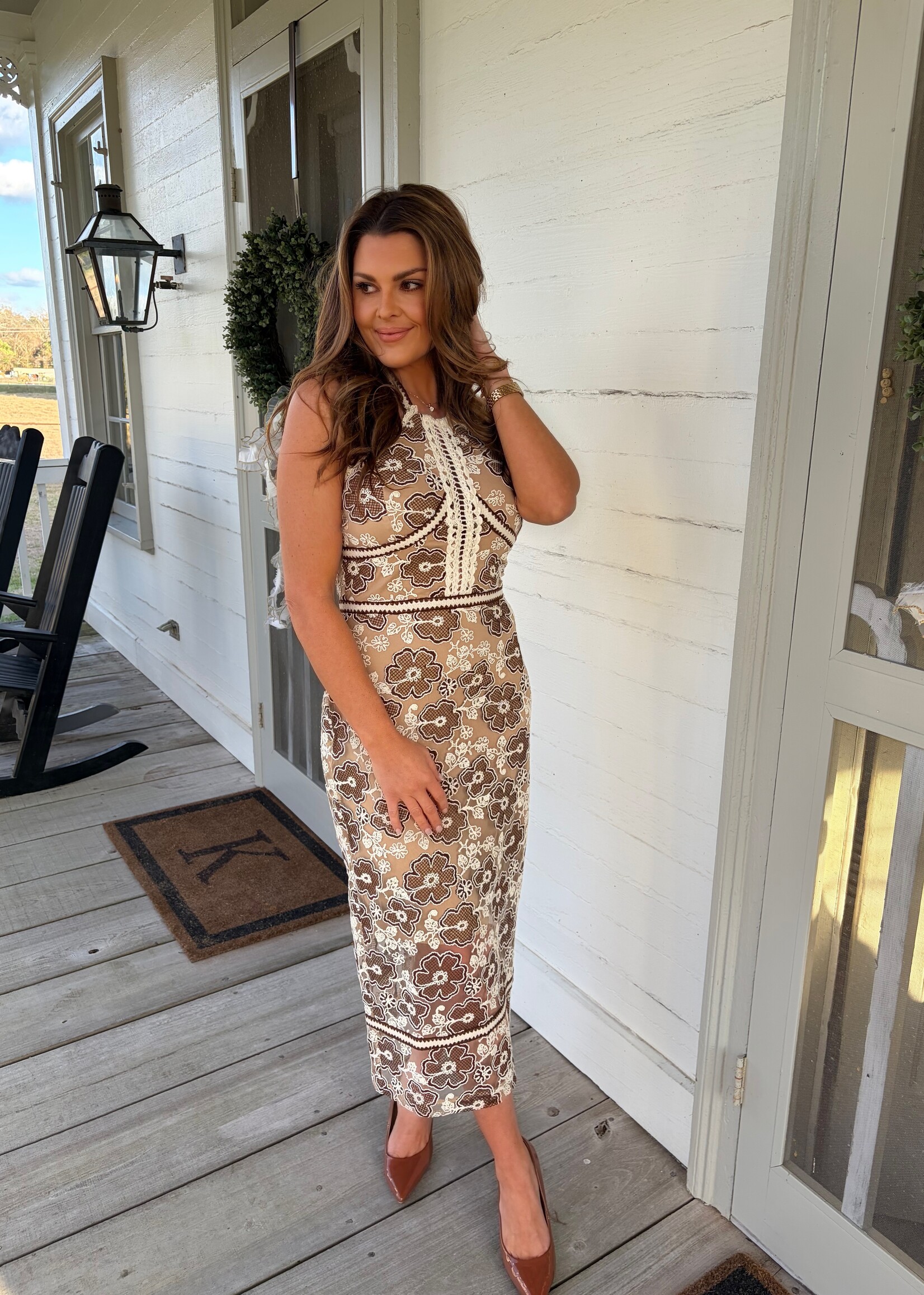 Endless Blu Le Cliche Brown Floral Lace Midi Dress