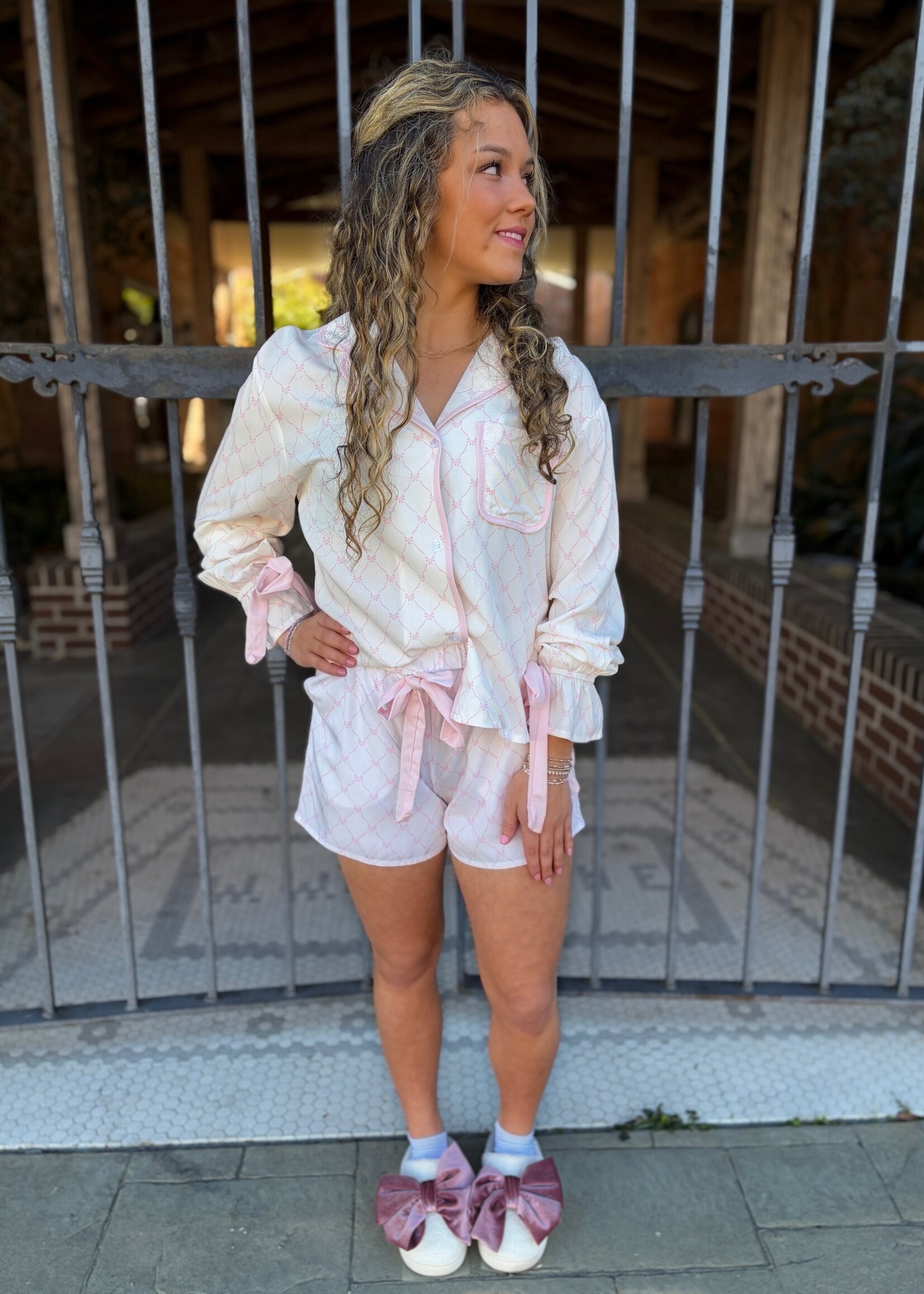 Little Daisy Closet Pink & White Bow Long Sleeve Pajamas