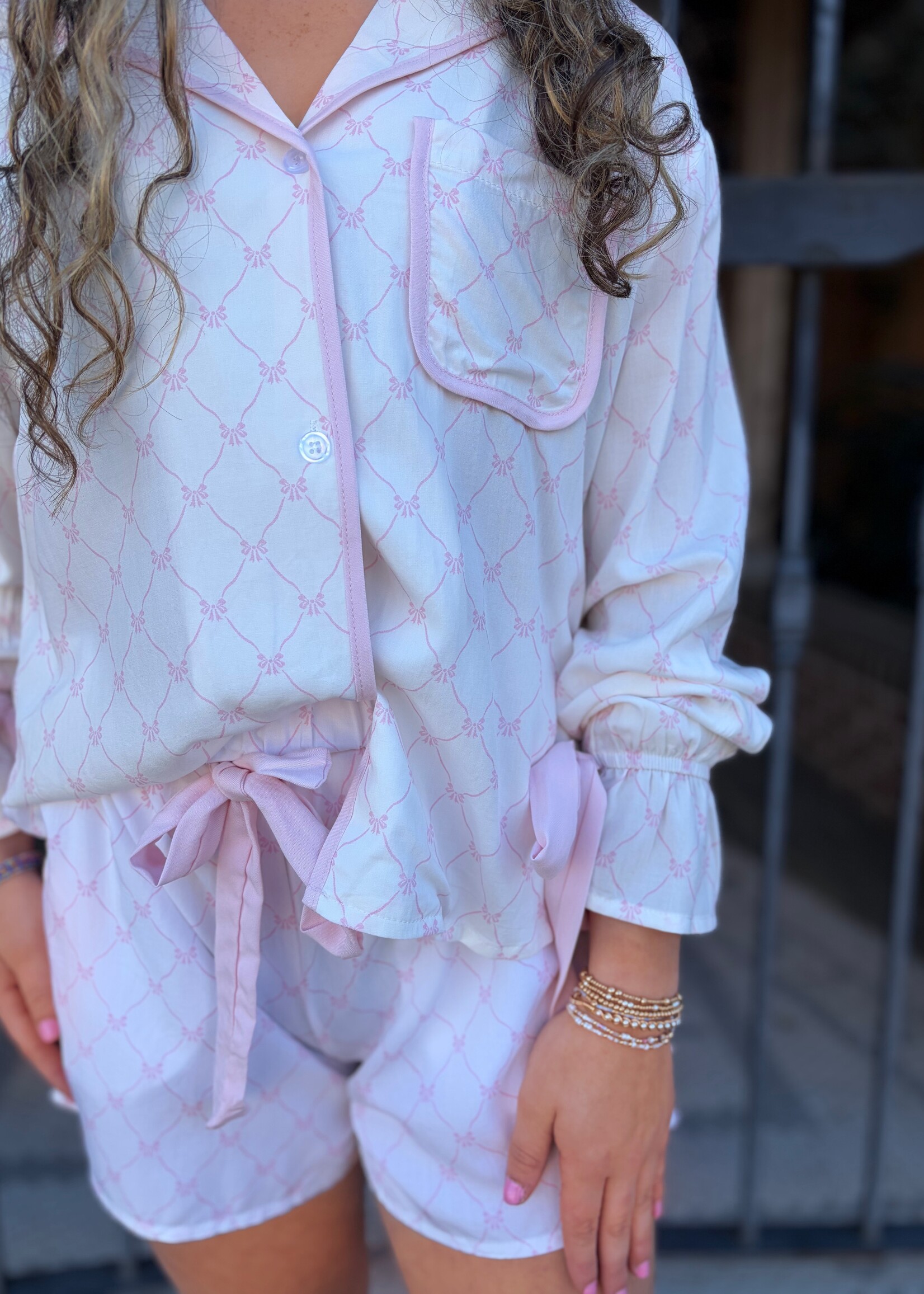 Little Daisy Closet Pink & White Bow Long Sleeve Pajamas