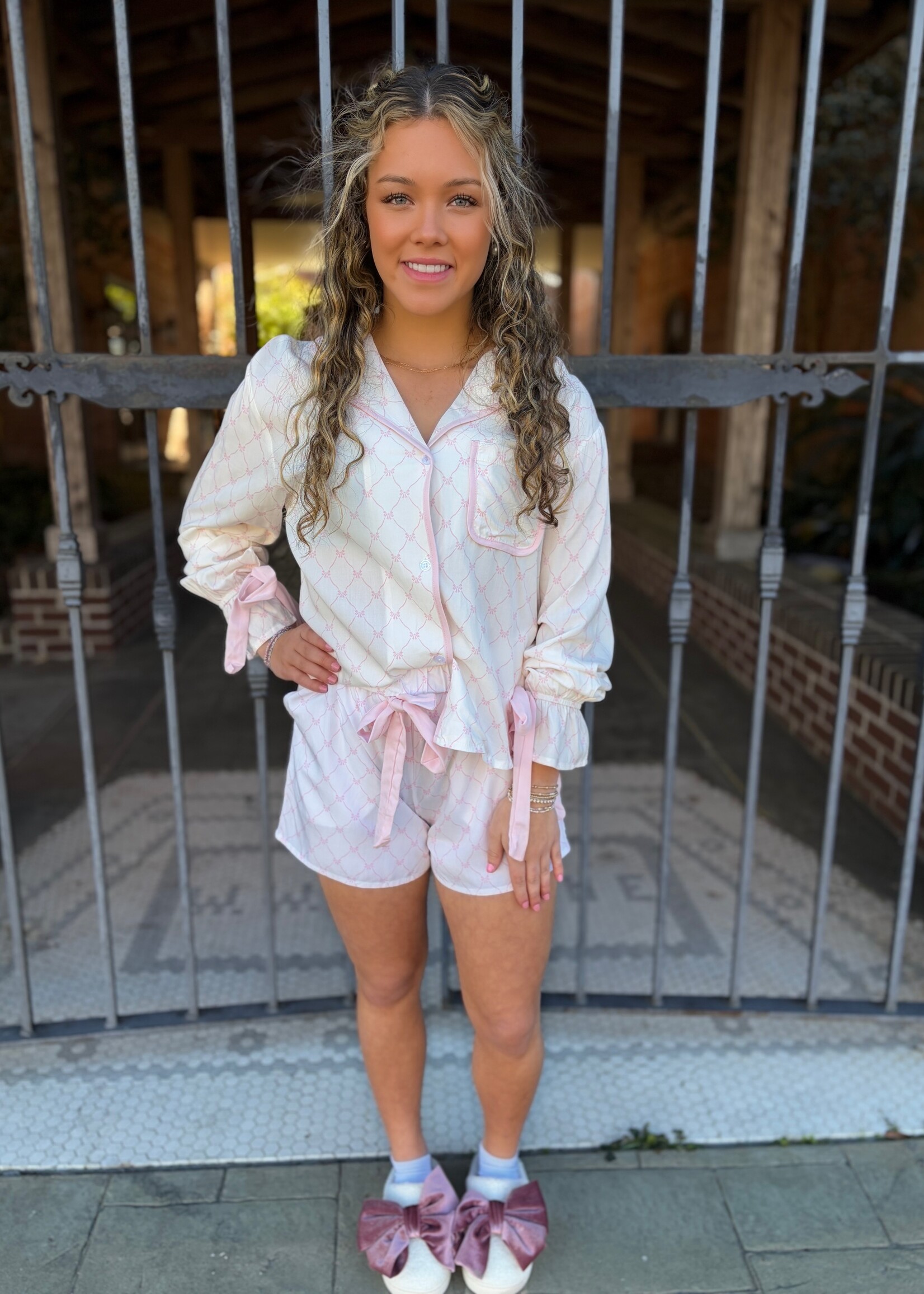 Little Daisy Closet Pink & White Bow Long Sleeve Pajamas