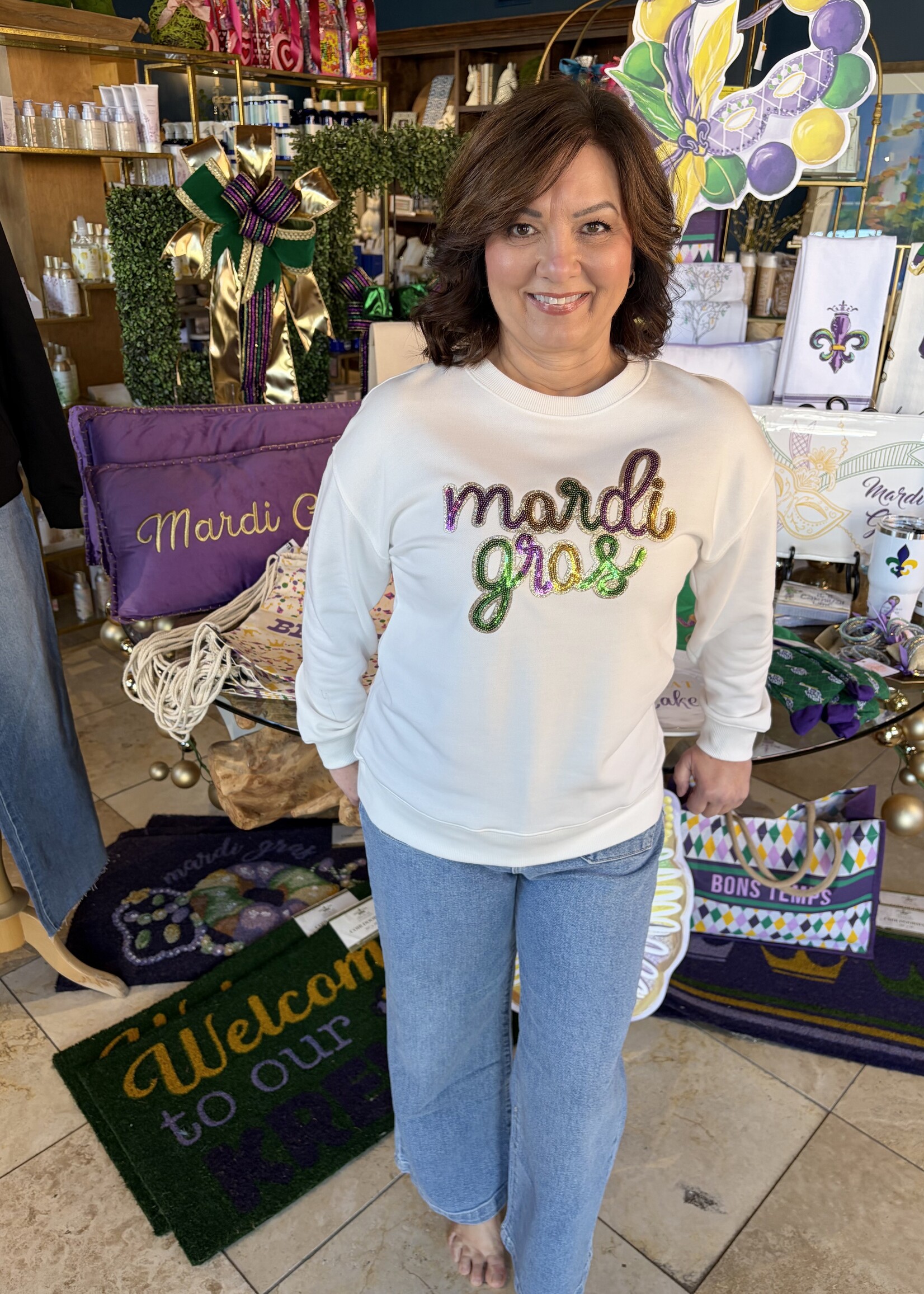 1 the Woman White Sequin Mardi Gras Graphic Sweatshirt