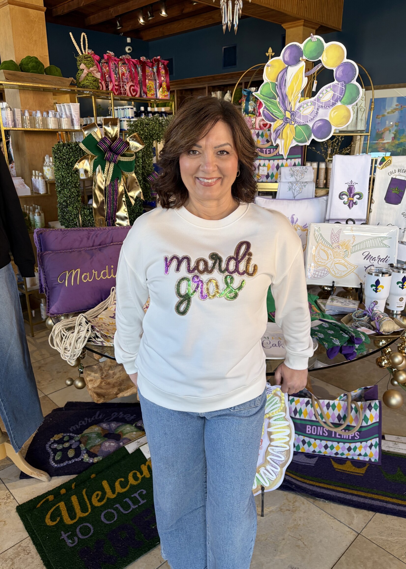 1 the Woman White Sequin Mardi Gras Graphic Sweatshirt