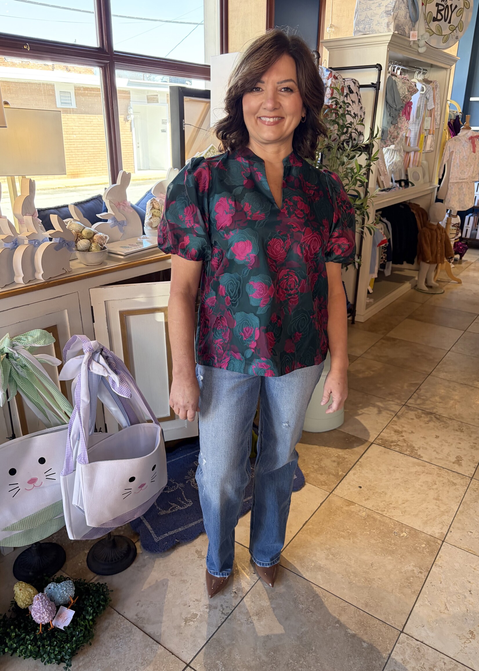 Sugarlips Teal & Pink Split Neck Top