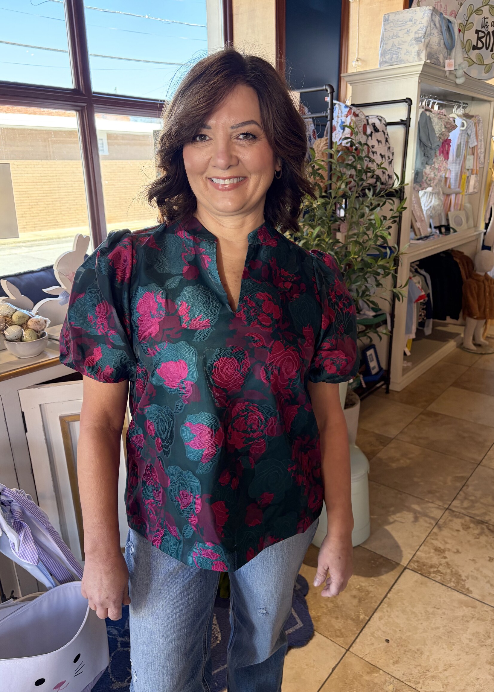 Sugarlips Teal & Pink Split Neck Top