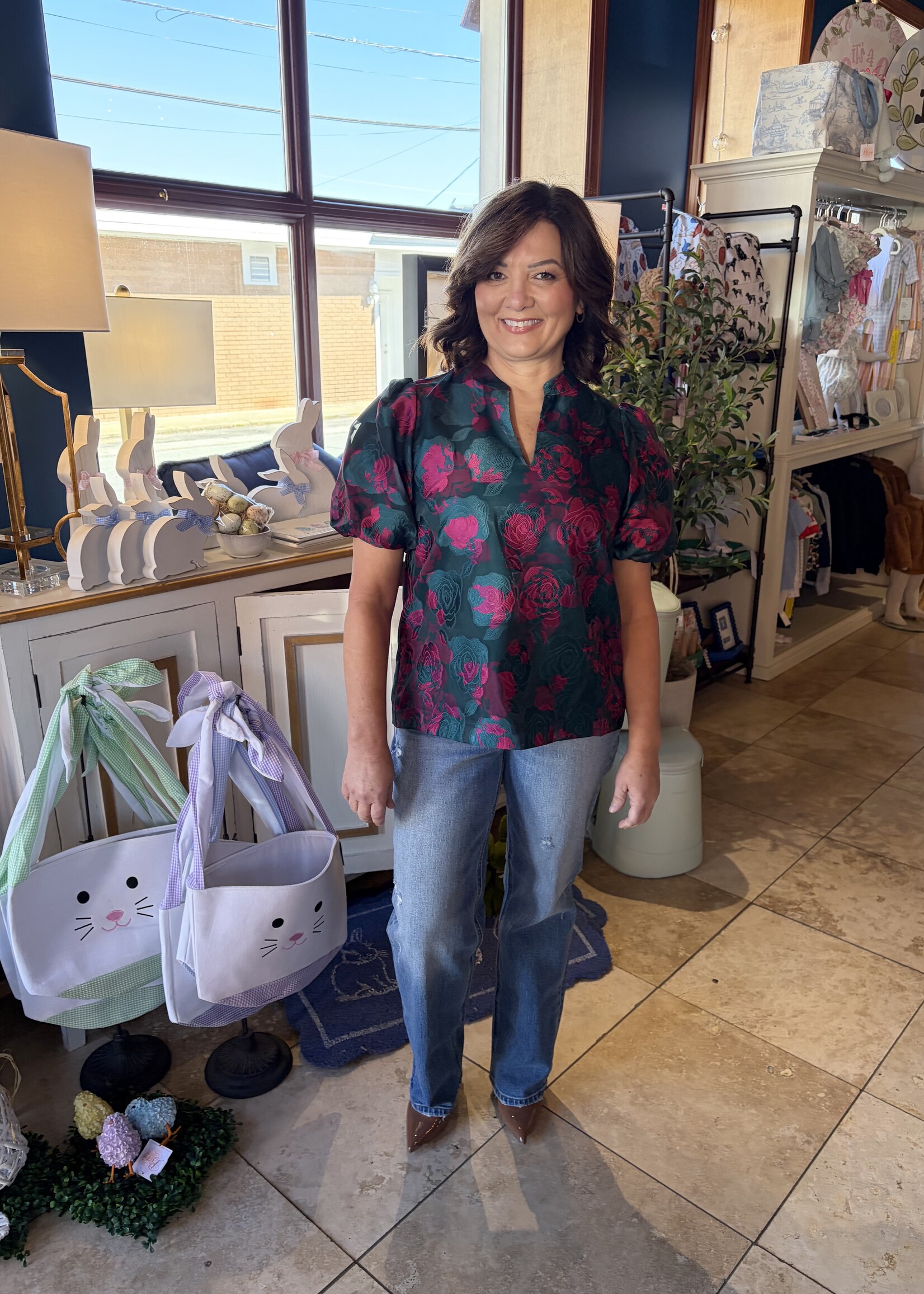 Sugarlips Teal & Pink Split Neck Top