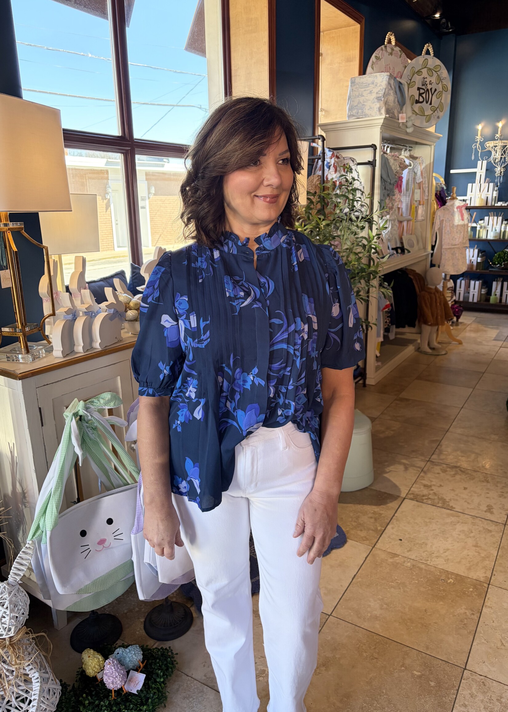 Sugarlips Navy Floral Pleated Blouse