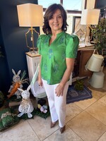 Sugarlips Green w/ Blue Floral V-Neck Ruffle Top