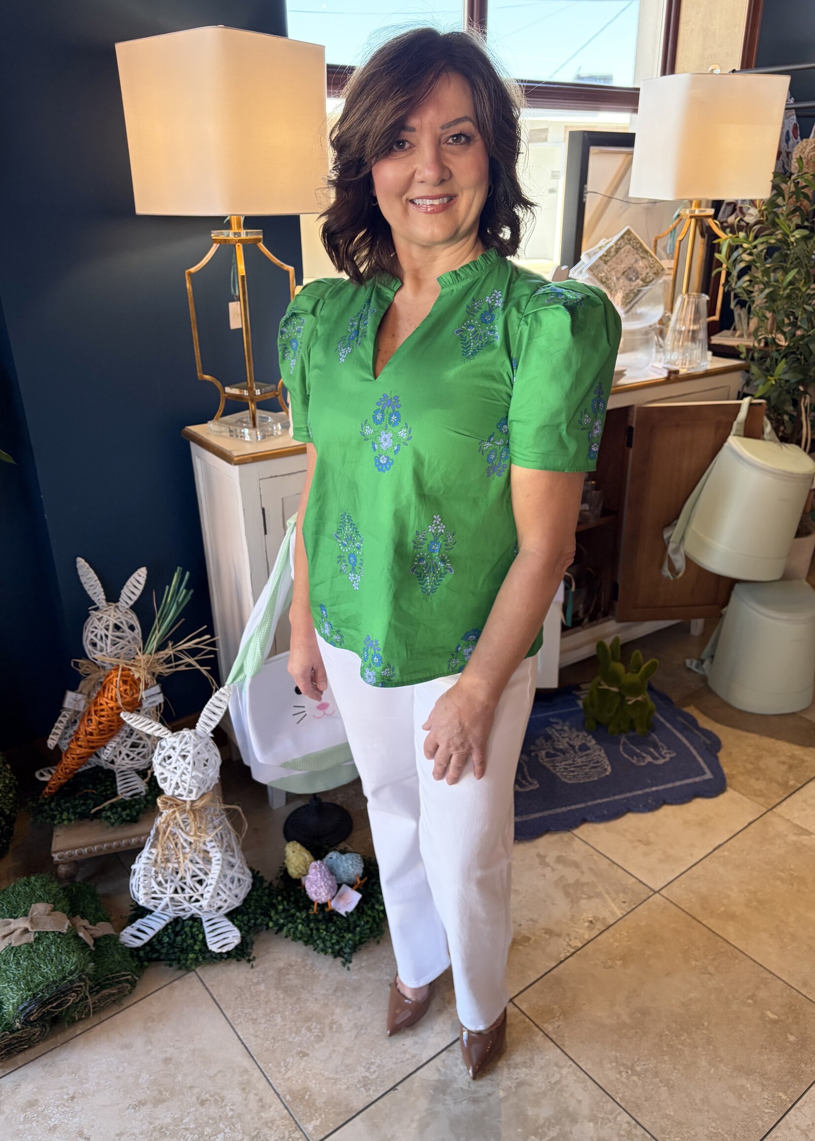 Sugarlips Green w/ Blue Floral V-Neck Ruffle Top