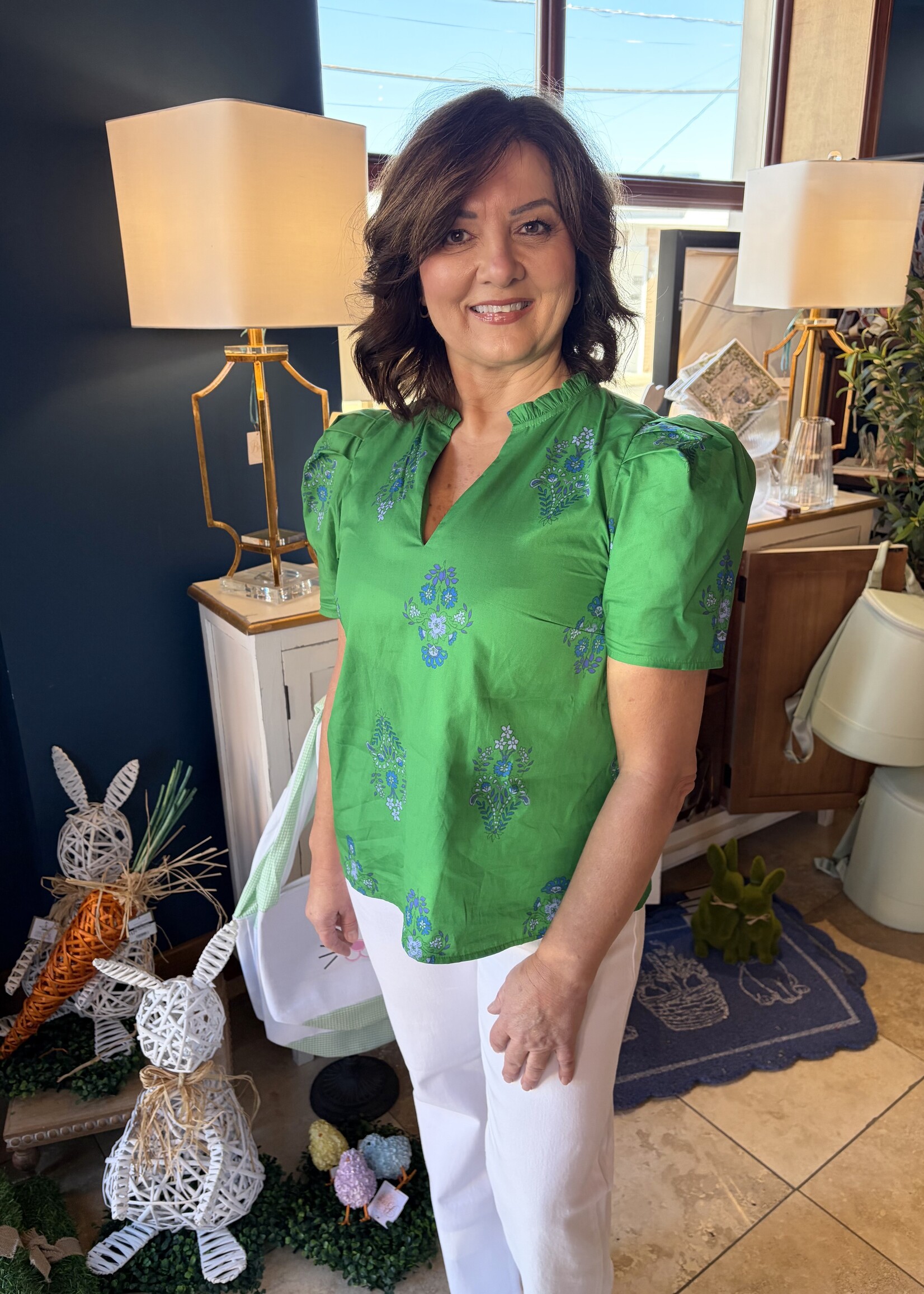 Sugarlips Green w/ Blue Floral V-Neck Ruffle Top