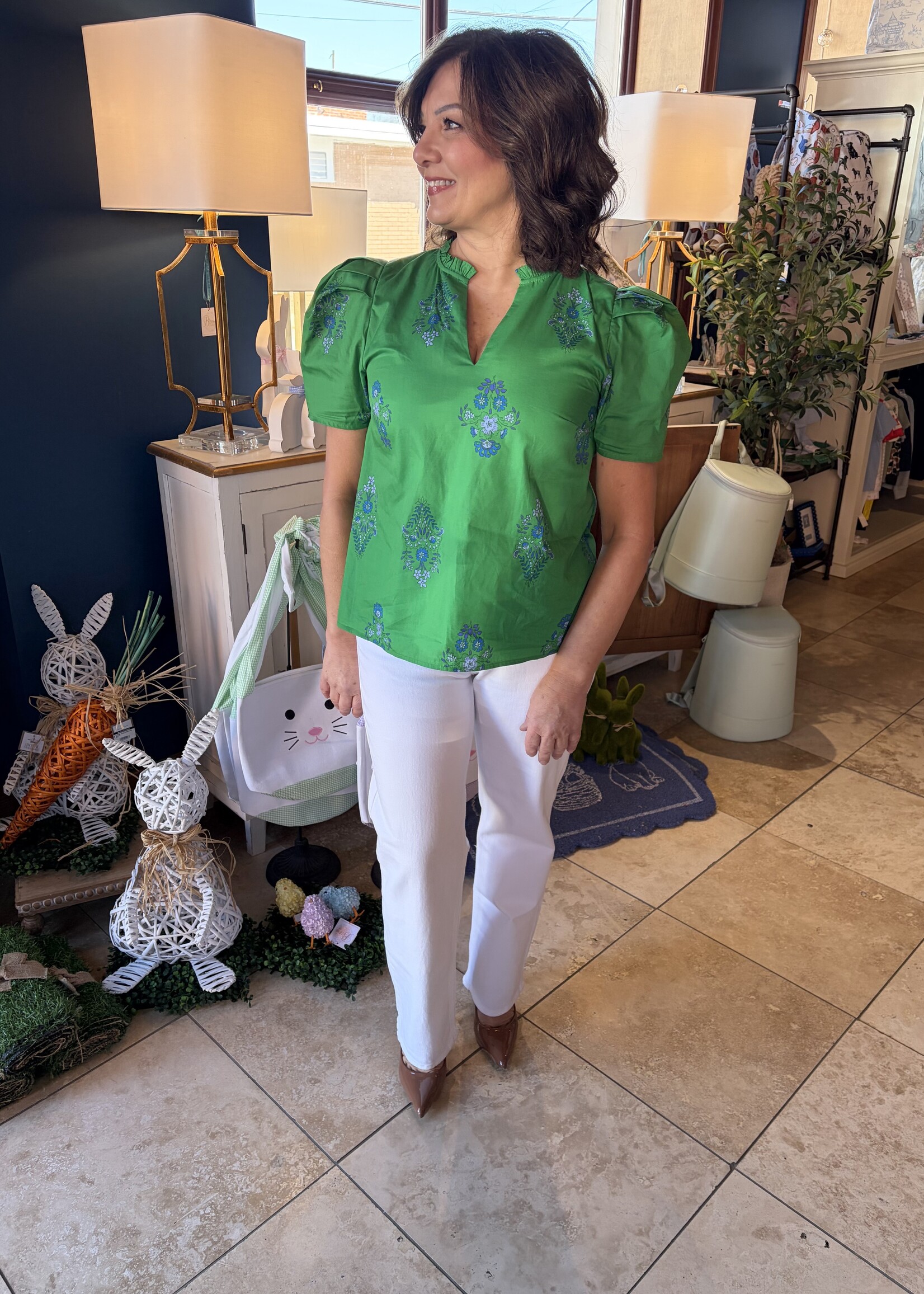 Sugarlips Green w/ Blue Floral V-Neck Ruffle Top