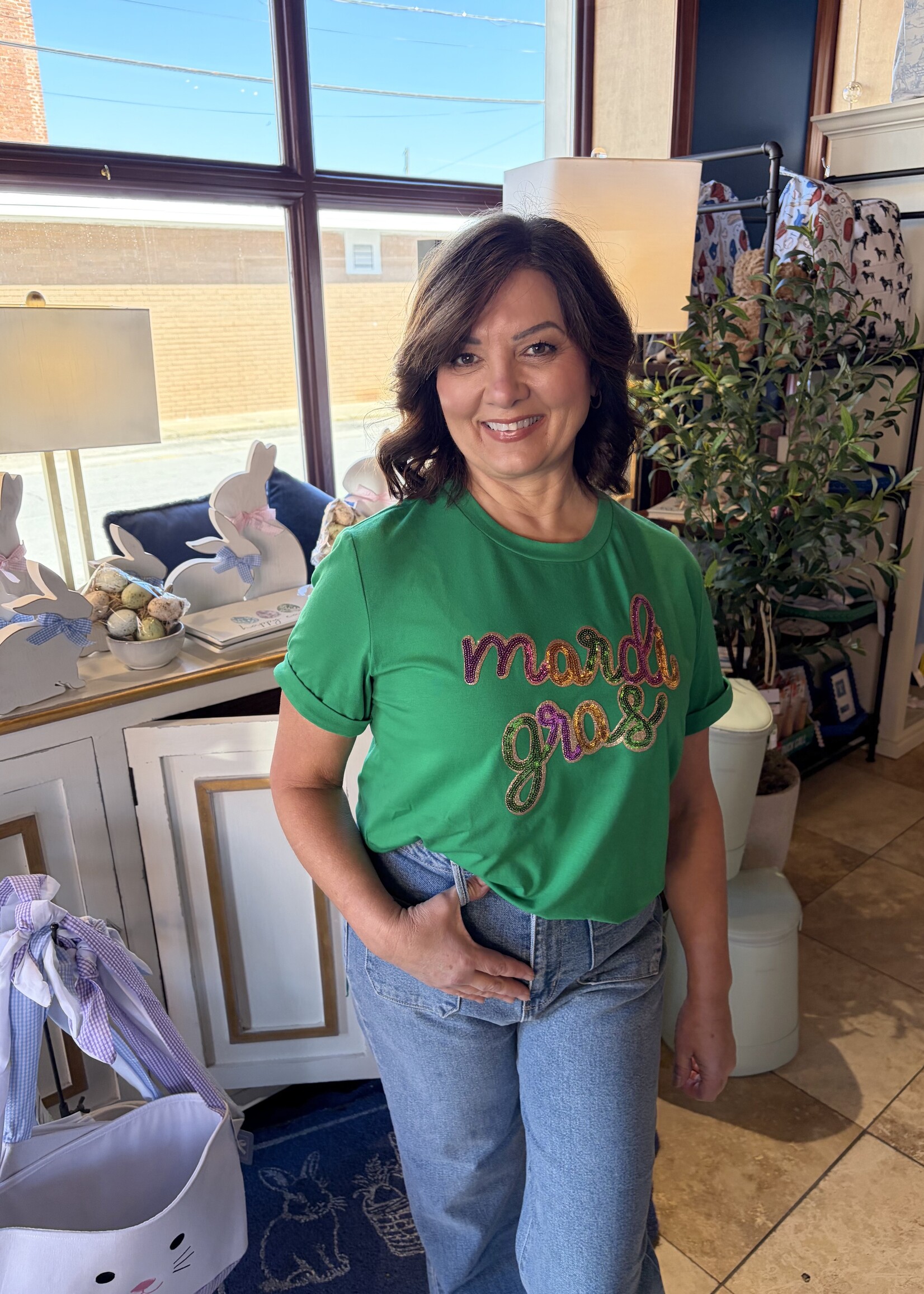 1 the Woman Green Sequin Mardi Gras Letter Tee