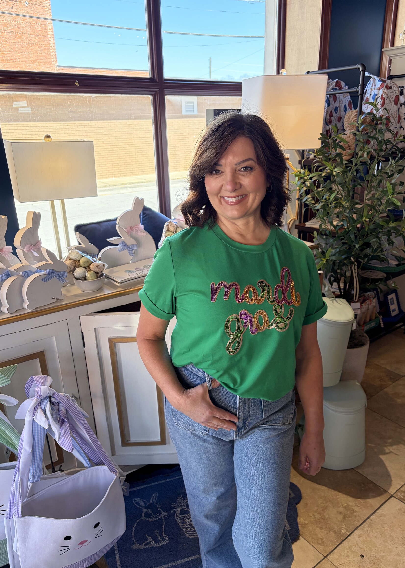 1 the Woman Green Sequin Mardi Gras Letter Tee