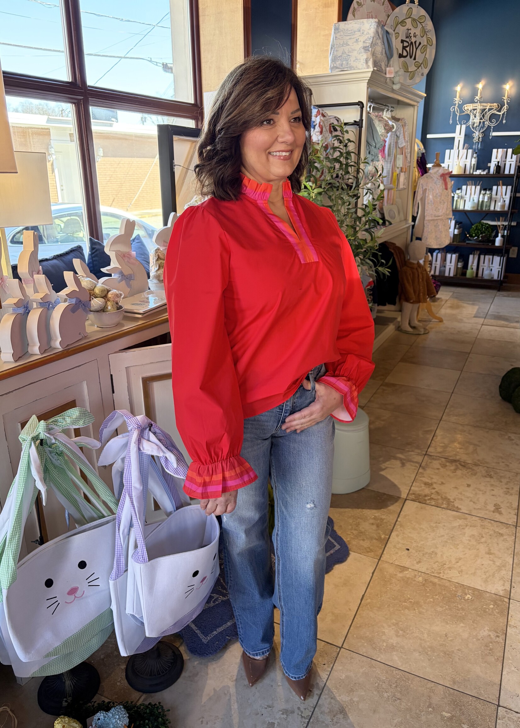 Little Daisy Closet Red Striped Trim Ruffle Long Sleeve Top