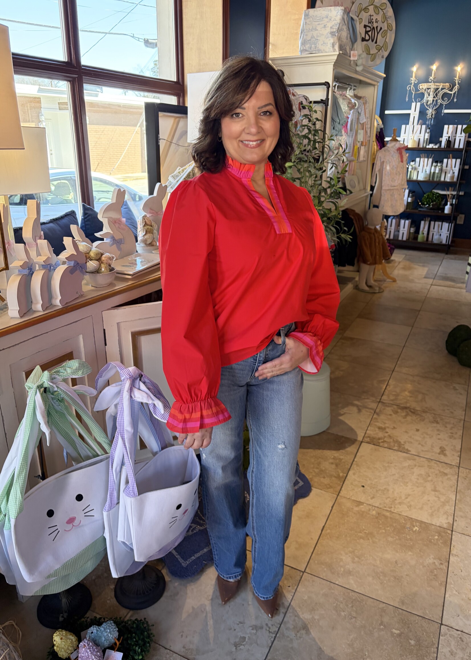 Little Daisy Closet Red Striped Trim Ruffle Long Sleeve Top