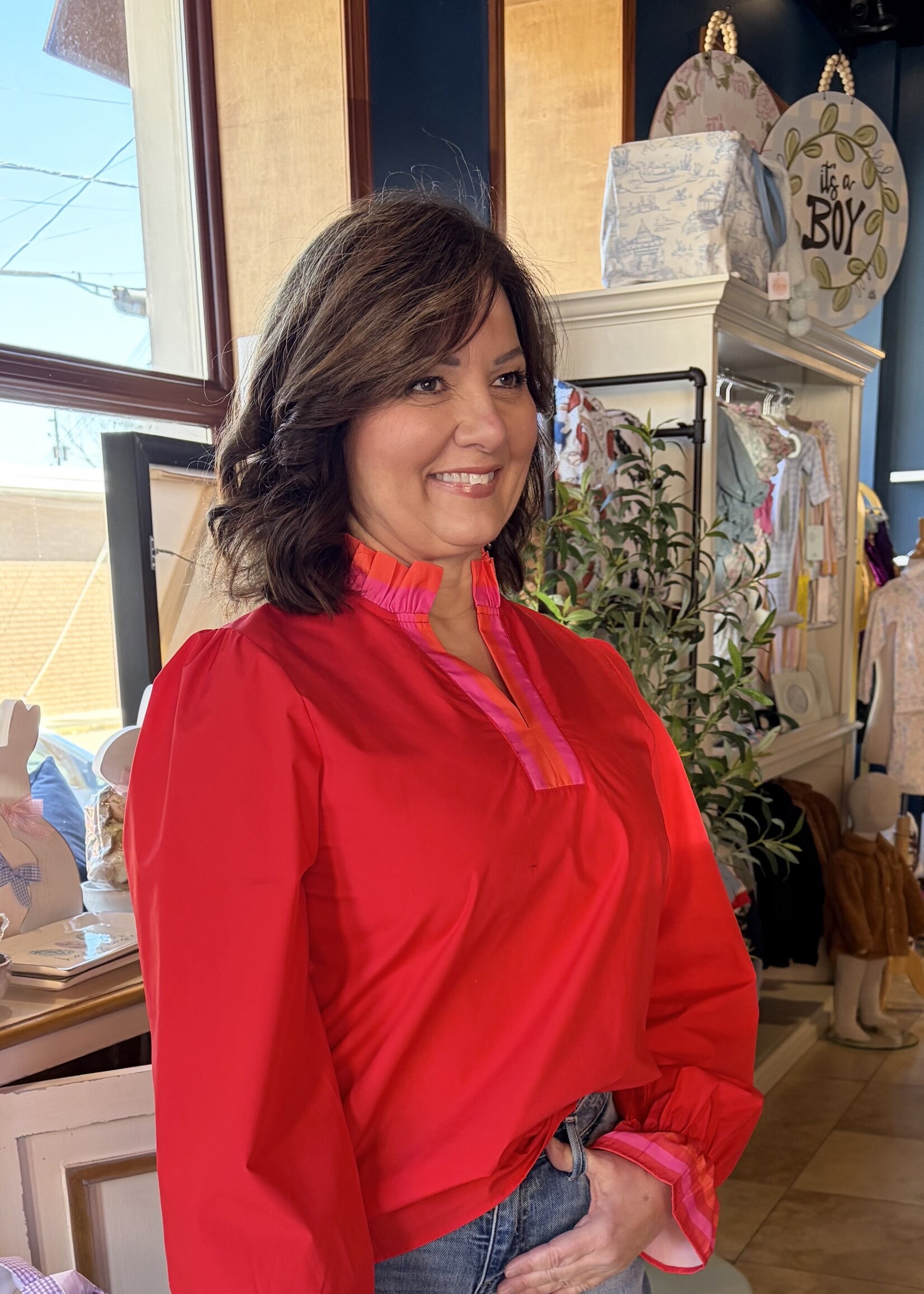 Little Daisy Closet Red Striped Trim Ruffle Long Sleeve Top