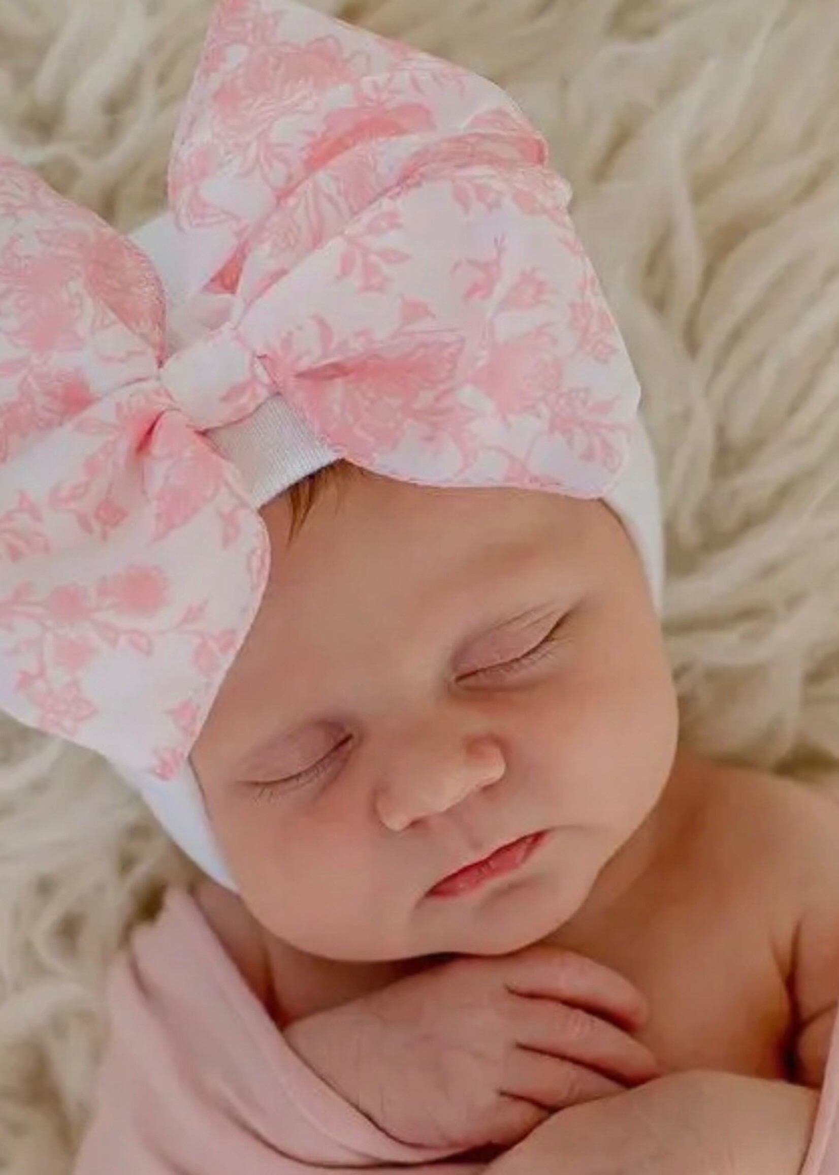 Ilybean Pink Floral Toile Bow Nursery Beanie