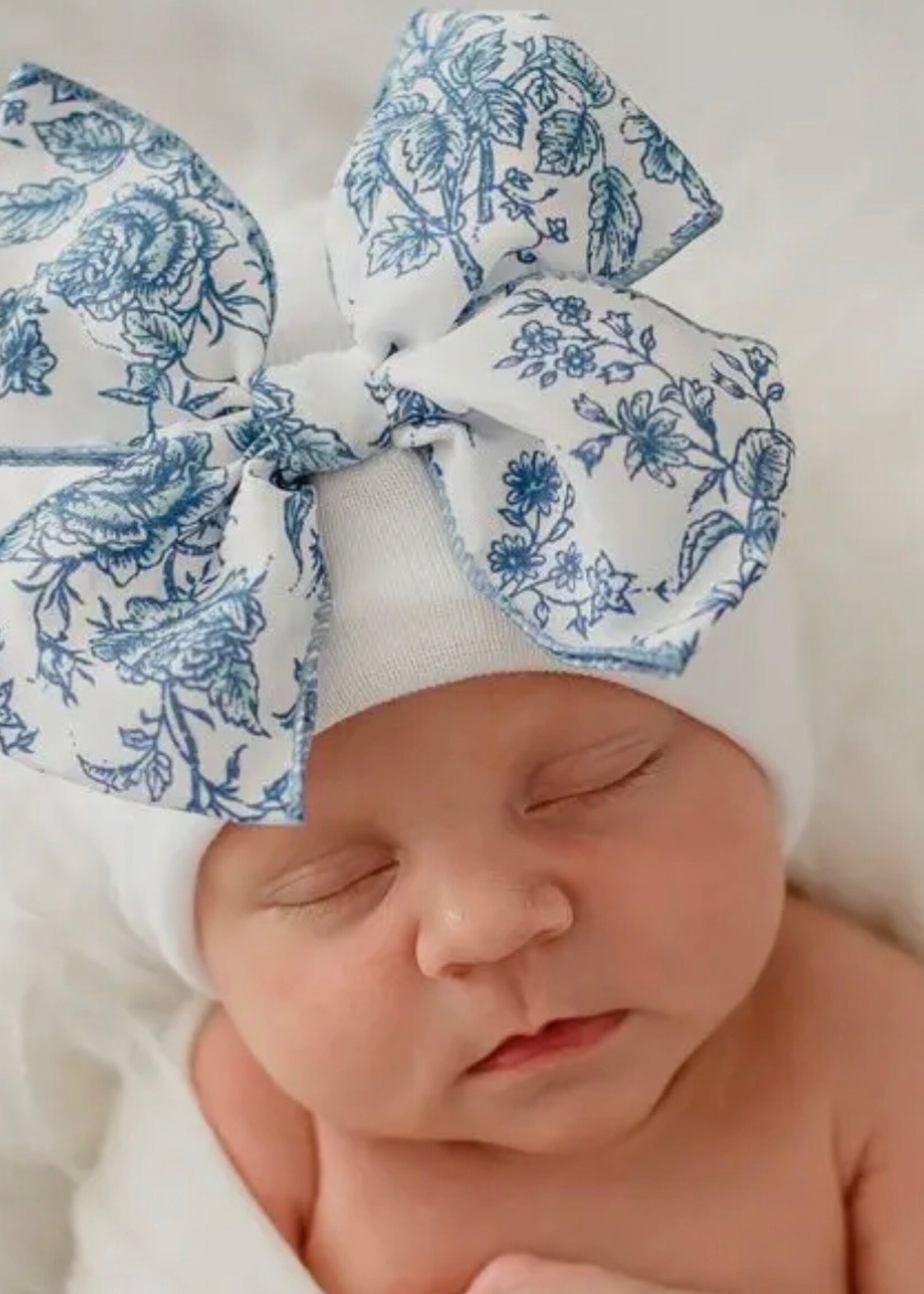 Ilybean Blue Floral Toile Bow Nursery Beanie