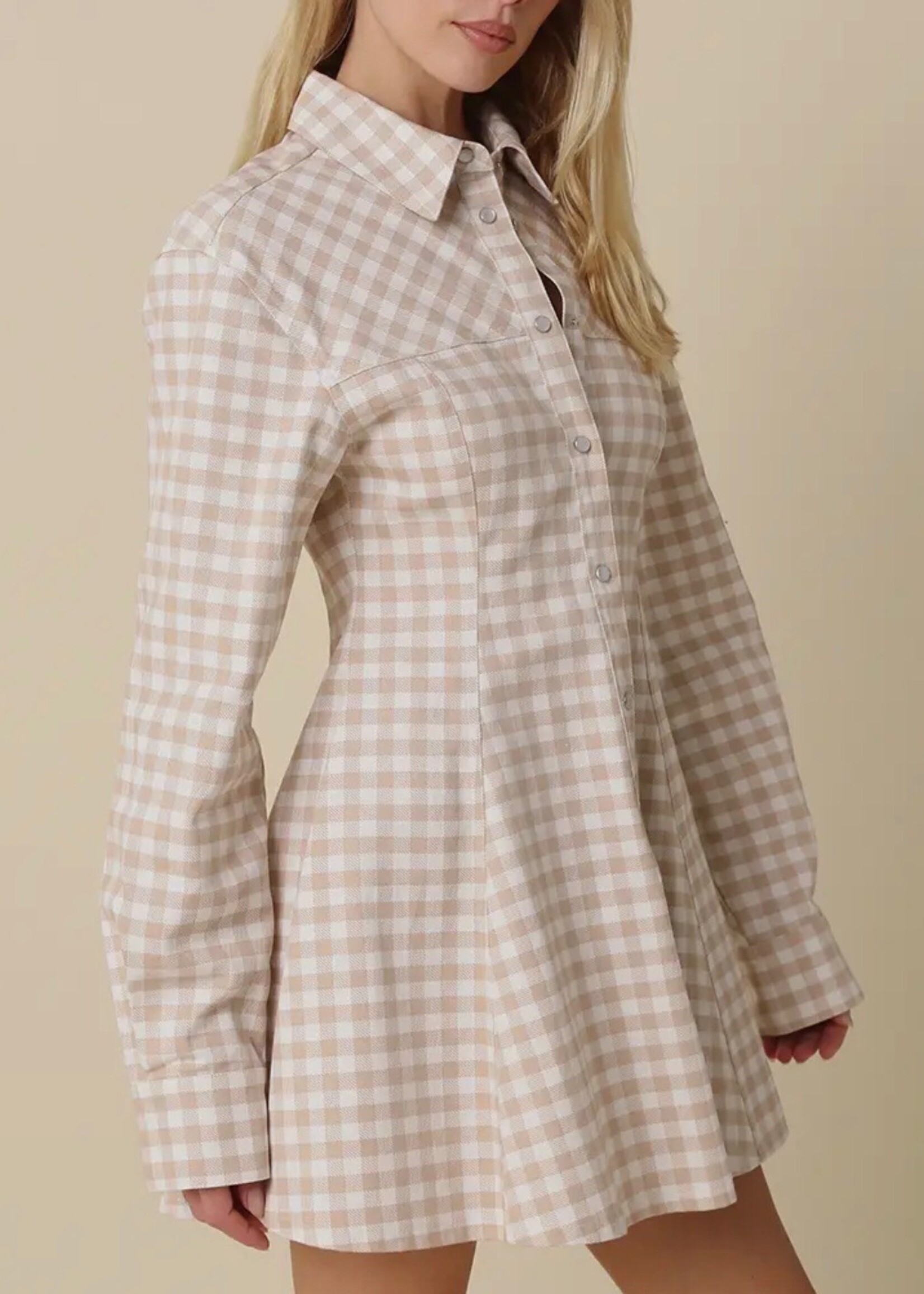 Olivaceous Khaki Gingham Button Dress